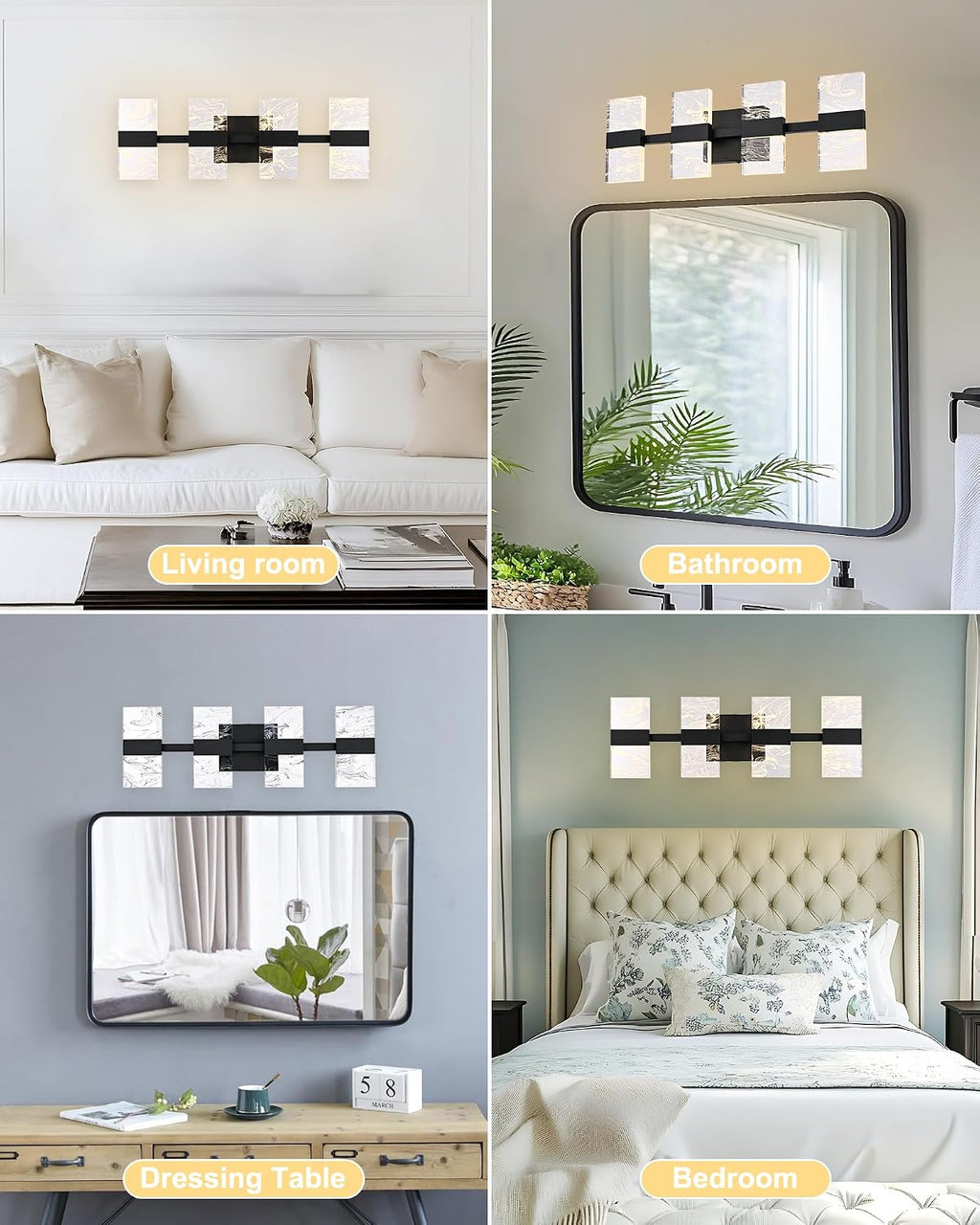 Black LED 3000K Bathroom Light Fixture, Modern 4-Lights Vanity Lighting with Smoke Acrylic Shades, Wall Lamp Over Mirror for Kitchen Bedroom Dress Table (Integrated Led Chips Included)