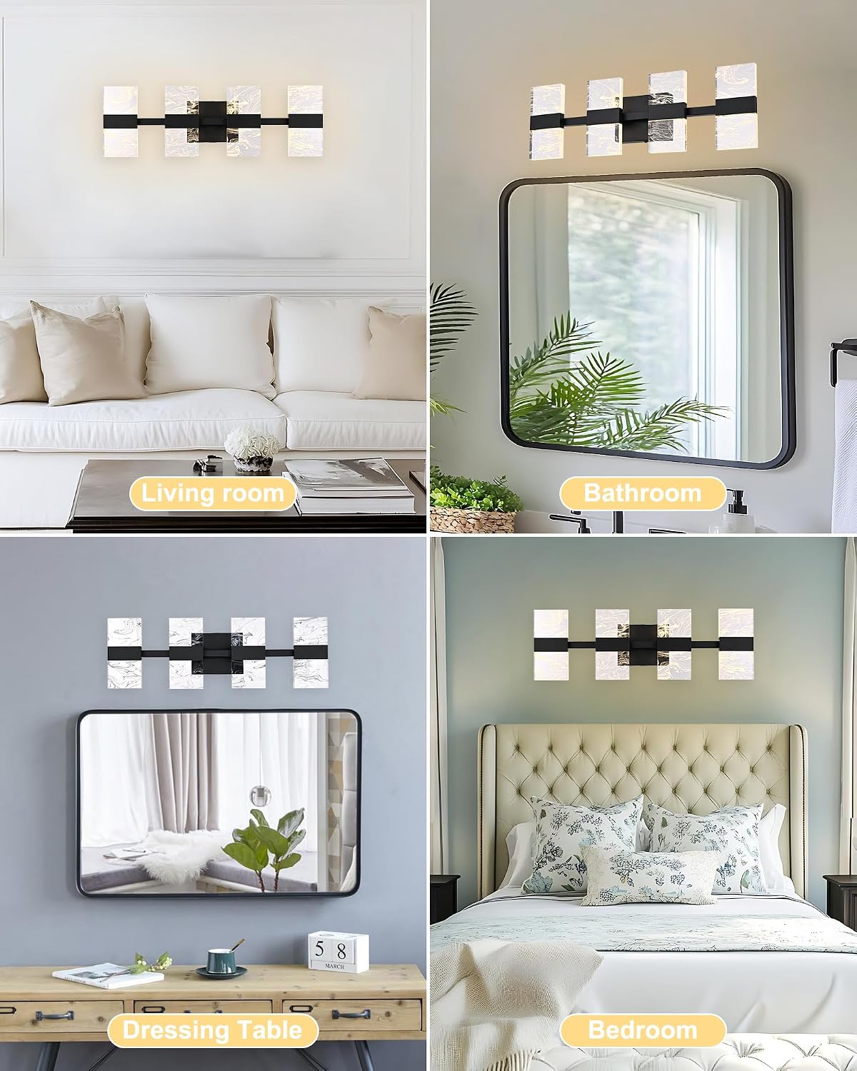 Black LED 3000K Bathroom Light Fixture, Modern 4-Lights Vanity Lighting with Smoke Acrylic Shades, Wall Lamp Over Mirror for Kitchen Bedroom Dress Table (Integrated Led Chips Included)