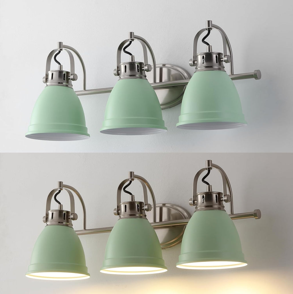 JONATHAN Y 25.5' Mint Green/Nickel 3-Light LED Vanity Light, Adjustable Wall Sconce for Bathroom Mirror, Farmhouse Bohemian Kitchen Light, Iron Black Bell Shade (JYL1116C)
