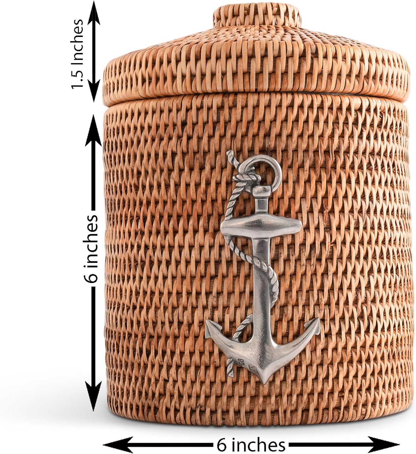 Vagabond House Inspiring Beach Essentials - Luxury Double-Walled Wicker Rattan Ice Bucket with Pewter Metal Anchor, Durable Outdoor Cooler Side Table for Beach House Coastal Boating Lidded ice cooler