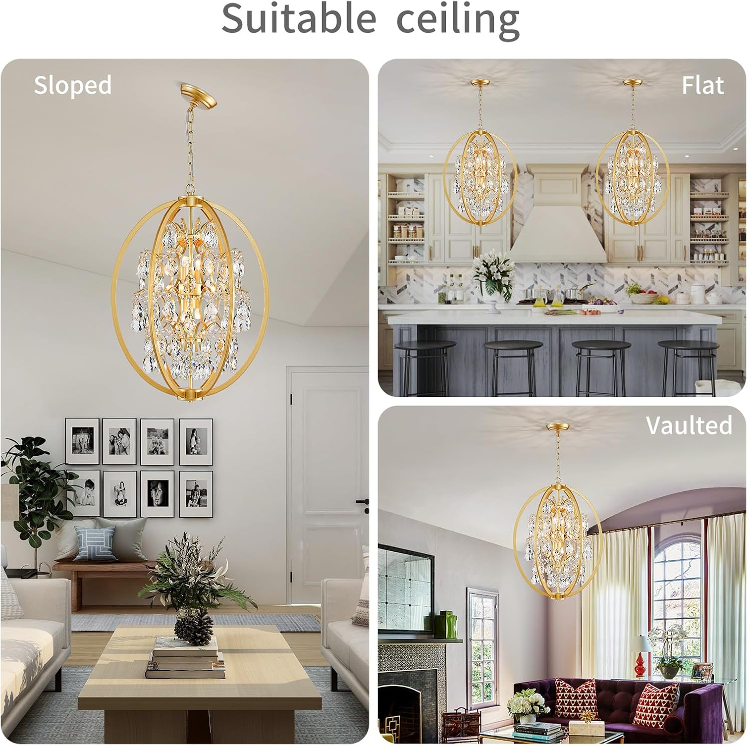 WUZUPS Globe Crystal Chandelier Raindrop Pendant Flushmount Ceiling Light Modern Lighting Fixture for Bedroom Hallway Bar Kitchen Bathroom, H 23.6' x W 19.7', Gold, 8 E12 Base