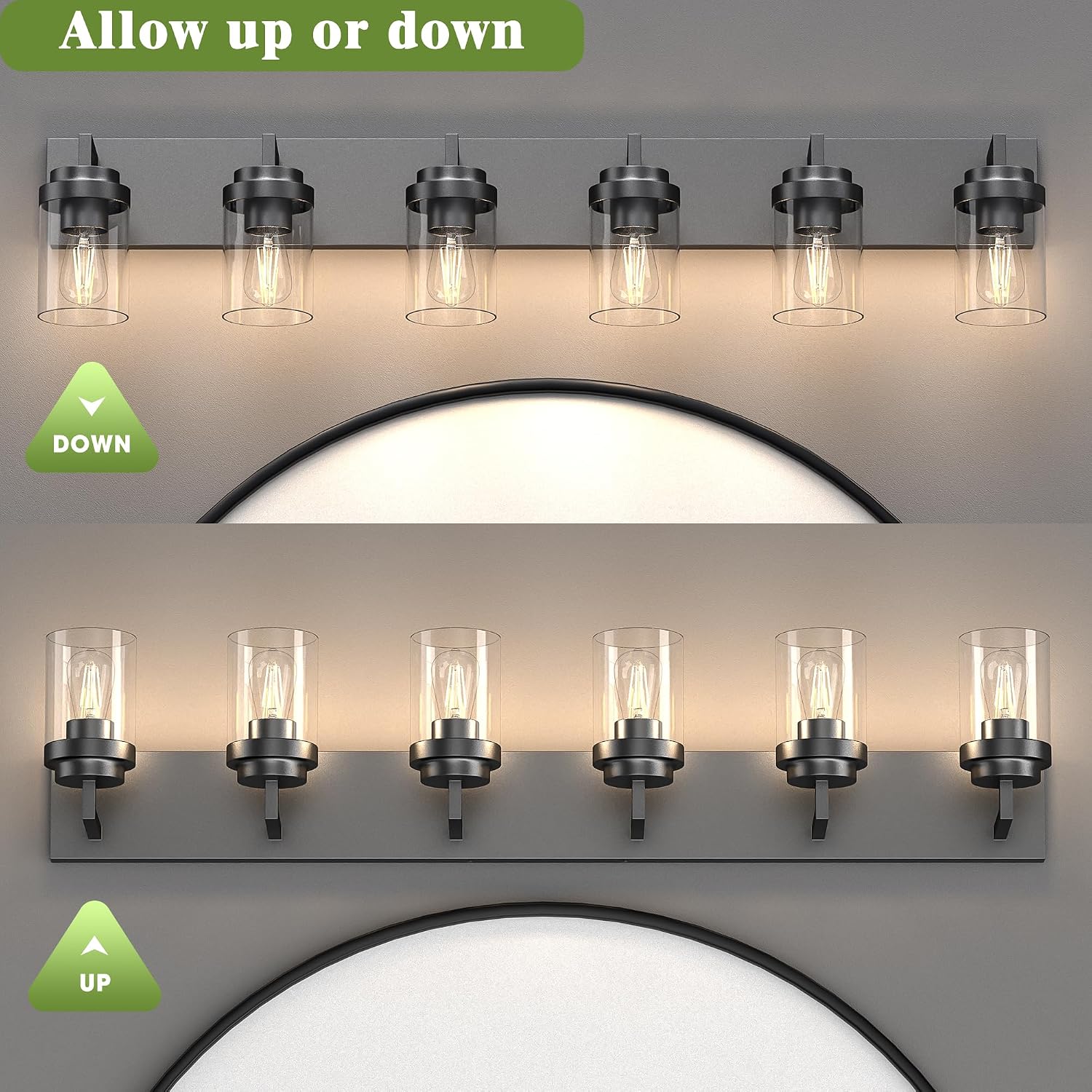 Bathroom Vanity Light, 6 Light Bathroom Light Fixtures Over Mirror, Black Vanity Lights with Clear Glass Shade, Modern Bathroom Light Fixtures for Bedroom, Hallway