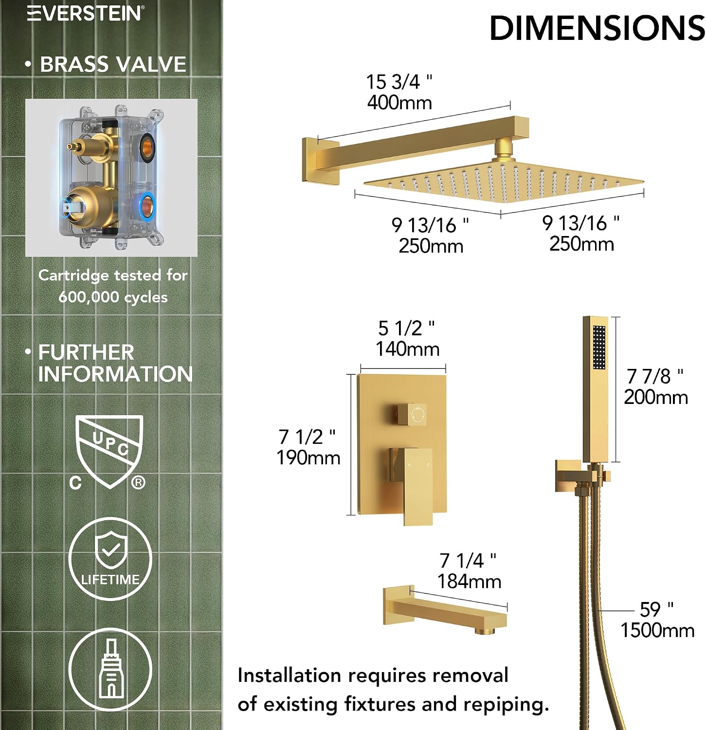 Shower Tub Faucet Set, 10' Bathroom Rainfall Shower Head Fixtures Combo with Handheld Spray and Tub Spout, Brushed Gold (Valve Included)