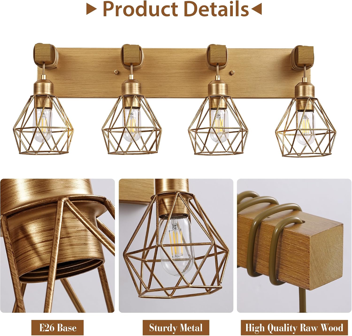 Farmhouse Bathroom Light Fixtures, 4-Light Gold Bathroom Vanity Light, Rustic Matte Antique Brass Finish with Metal Lampshade, Wall Sconces for Bedroom, Living Room, Hallway
