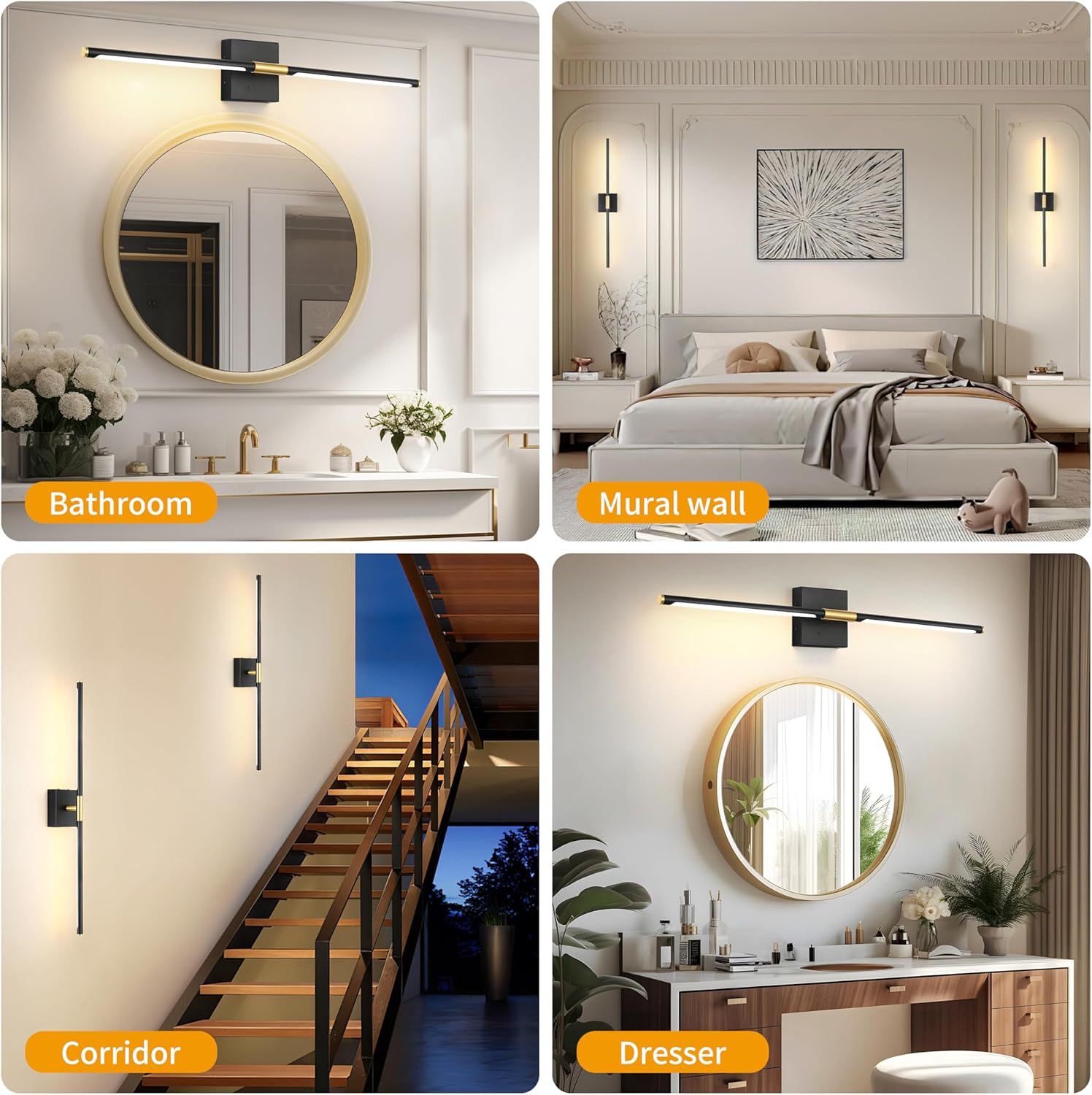 Morauroral 36 Inch Battery Operated Wall Sconces Set of 2, Dimmable Battery Wall Sconce with Remote Control, Black Gold LED Rechargeable Sconces, Modern Wireless Wall Lights for Bedroom, Living Room