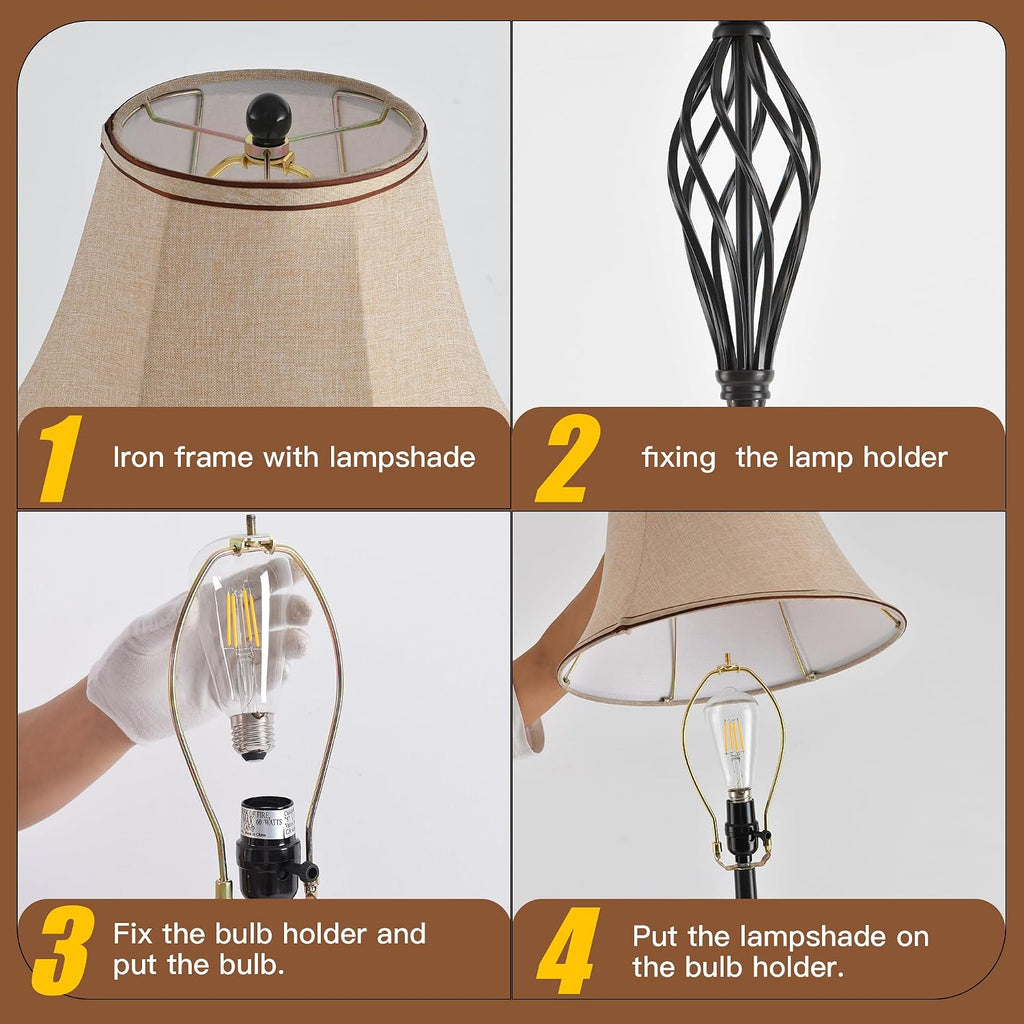 3 Pack Lamp Set, Living Room Lamp Set of 3, Floor and Table Lamp Set in Bronze Finish with Vintage Brown Fabric Shades for Bedroom Reading Family, Solid Iron