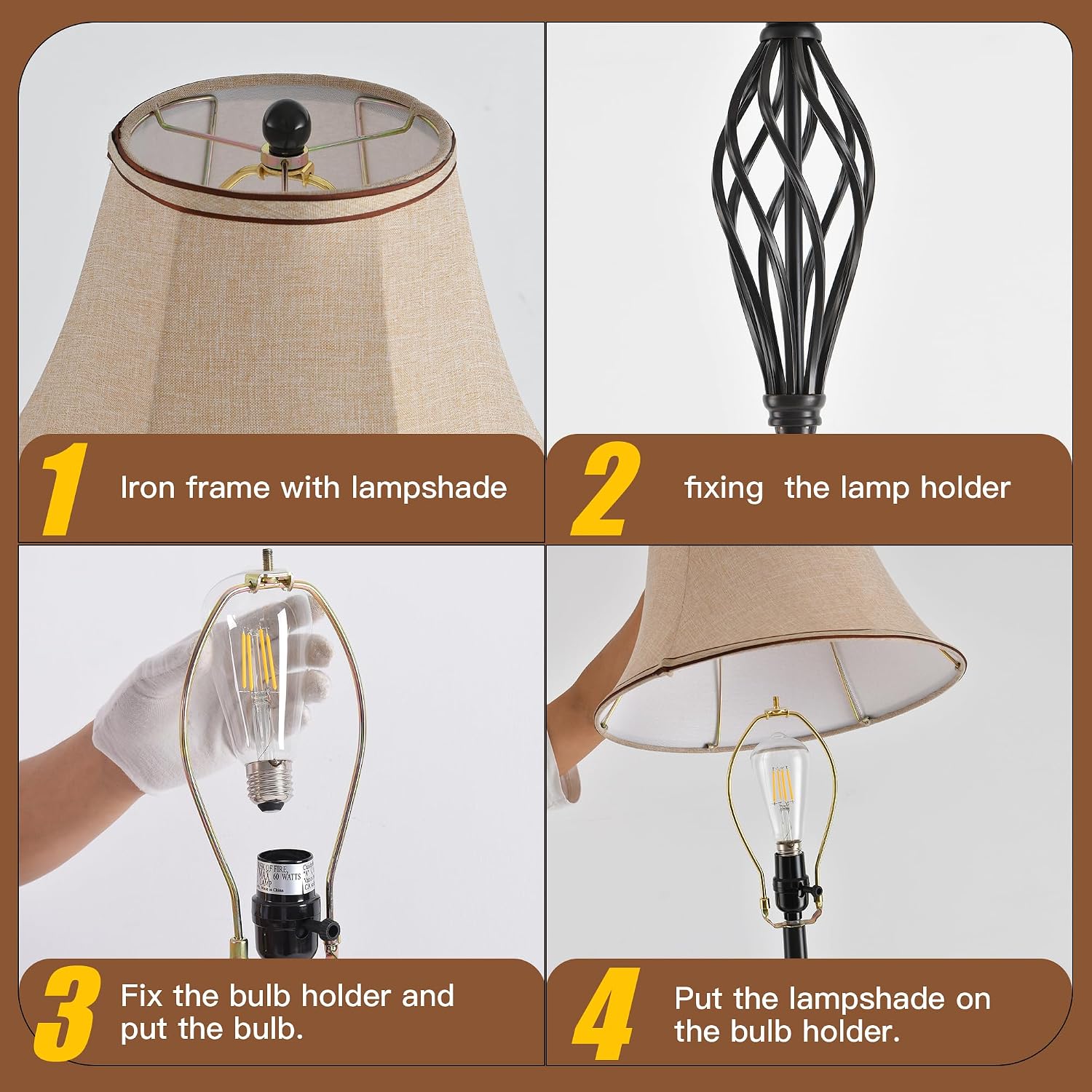 3 Pack Lamp Set, Living Room Lamp Set of 3, Floor and Table Lamp Set in Bronze Finish with Vintage Brown Fabric Shades for Bedroom Reading Family, Solid Iron