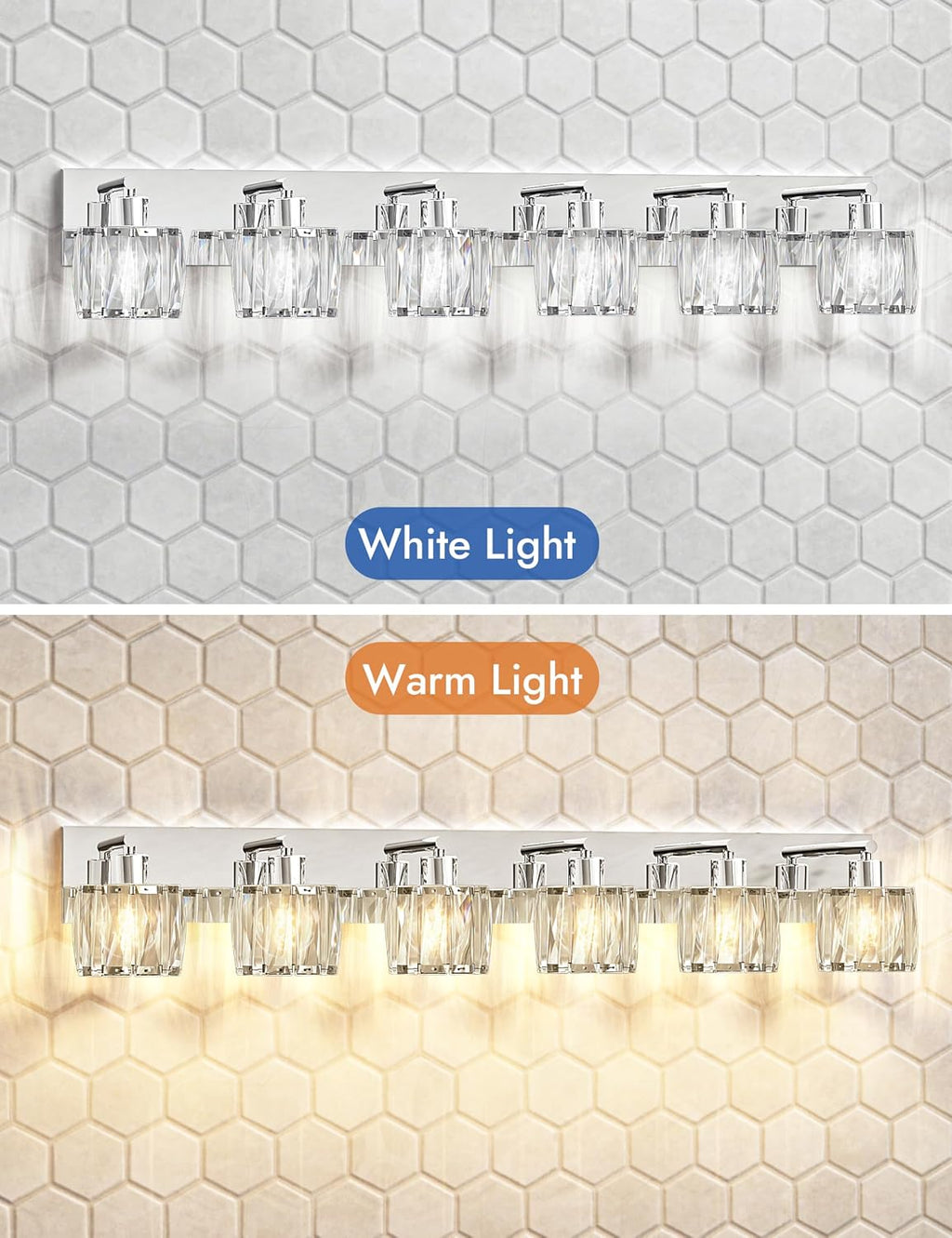 VOLISUN Crystal Vanity Lights for Bathroom, 6 Light Modern Stainless Steel Bathroom Light Fixtures Over Mirror, Chrome Bathrooms Lights Fixtures - UL Certificated (Exclude Bulb)