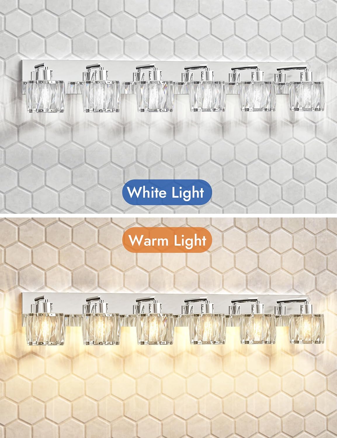 VOLISUN Crystal Vanity Lights for Bathroom, 6 Light Modern Stainless Steel Bathroom Light Fixtures Over Mirror, Chrome Bathrooms Lights Fixtures - UL Certificated (Exclude Bulb)