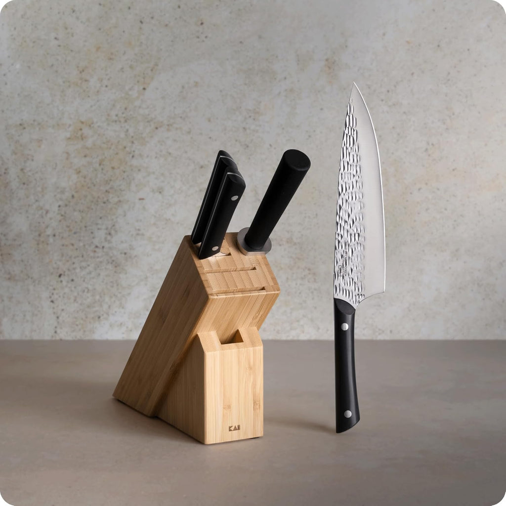 Kai PRO 5 Piece Slimline Block Set, Includes 8' Chef, 3.5' Paring and 6' Utility Knives, Knife Block Set, Japanese AUS6M Stainless Steel Blades, Full-Tang POM Handles