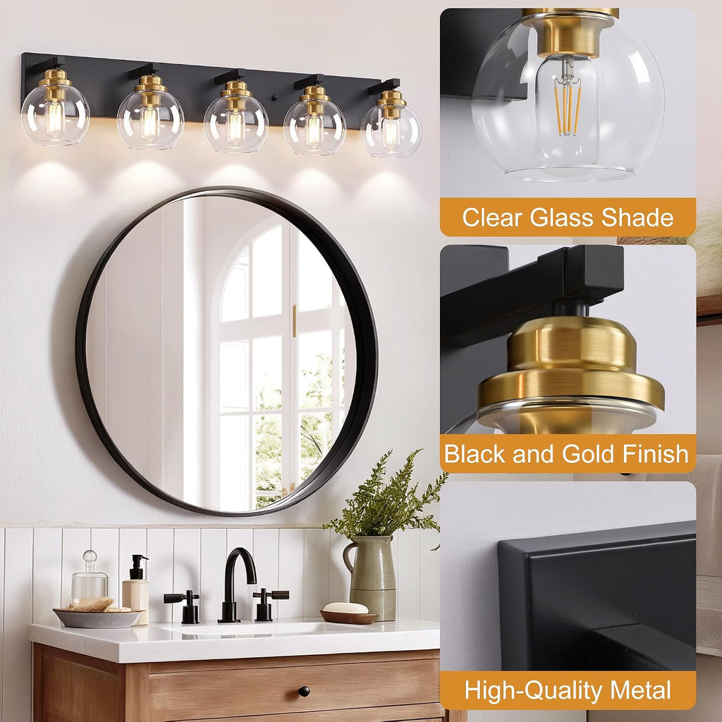 LmnLvn 5-Light Black Gold Vanity Light, Clear Glass | Bathroom light over mirror. Dimmable E26 bulbs (max 60W). Reversible up/down mount. Bedroom/hallway. 2-year warranty.