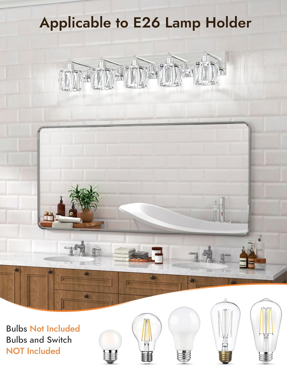 VOLISUN Crystal Vanity Lights for Bathroom, 5 Light Modern Stainless Steel Bathroom Light Fixtures Over Mirror, Chrome with Glass Lampshade - UL Certificated (Exclude Bulb)