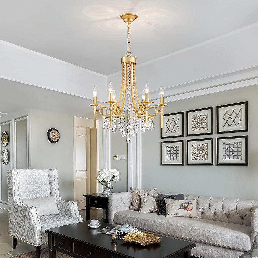 Modern Crystal Chandeliers for Dining Room, 6-Lights Gold Round Chandelier for Entryway, Crystal Chandelier Pendant Ceiling Lighting Fixture for Living Room Bedroom Kitchen Island Foyer Staircase