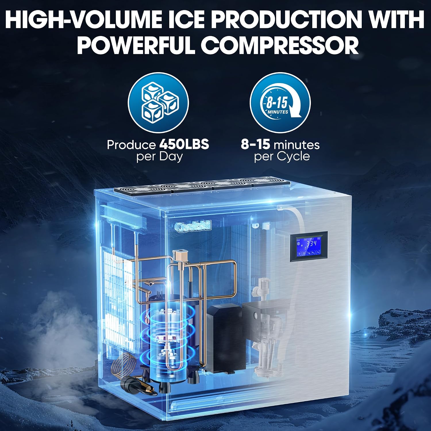 Coolski Commercial Ice Maker 450LBS/Day, Top Portion of Ice Machine, Clear Ice Cubes/Air Cooling/22 Inch Wide/Stainless Steel
