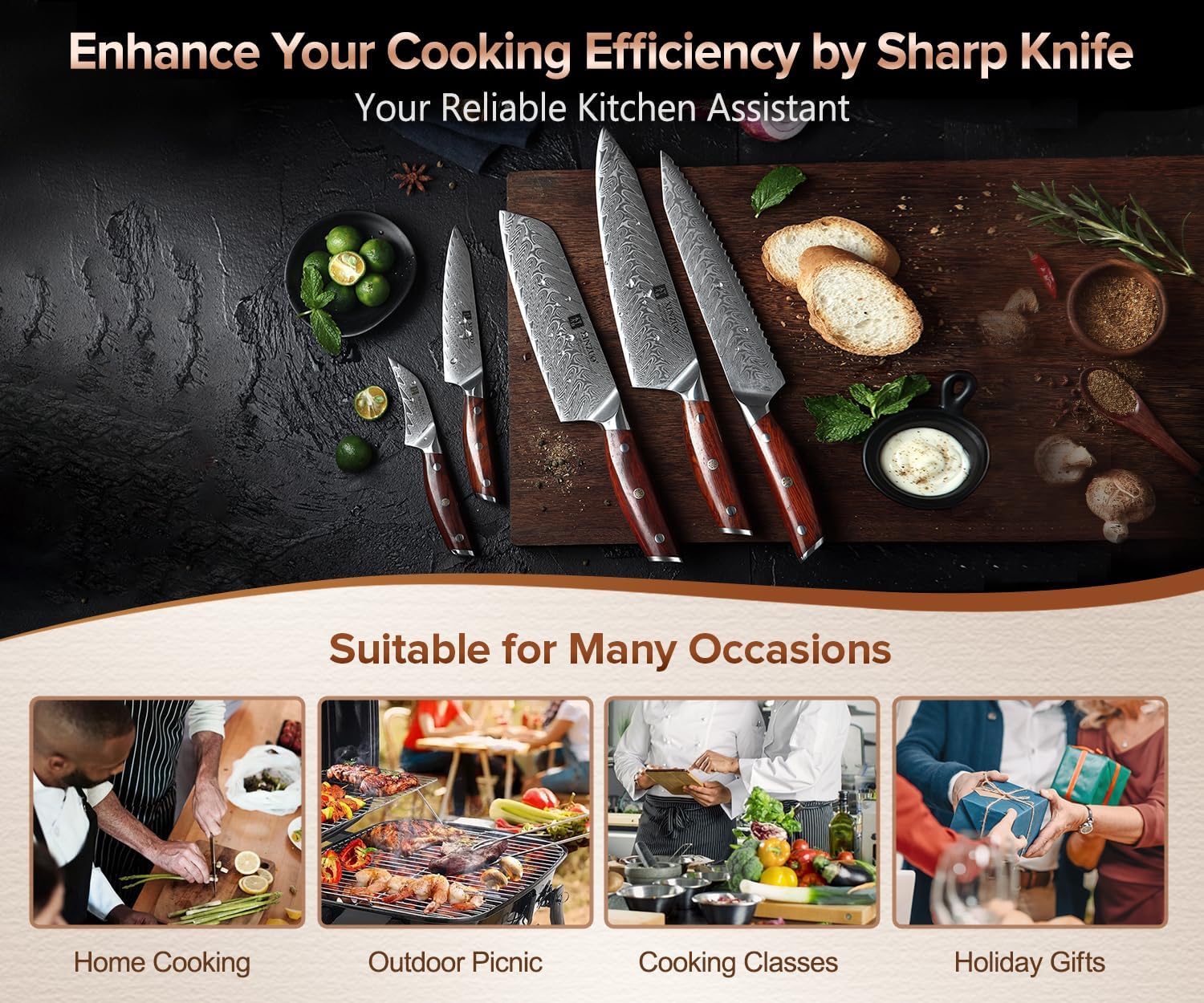 XINZUO 5 Pcs Knife Set, Professional Super Damscus Steel Kitchen Knife Set, Ultra Sharp Blade, Natural Rose Handle, Chef Gift Box-Yi Series