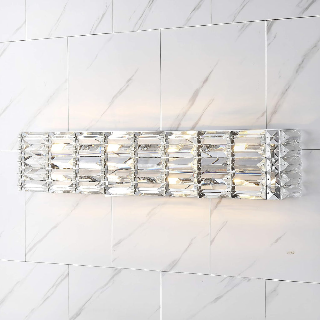 JONATHAN Y 31.75' Chrome Modern Crystal Vanity Light, LED Bathroom Wall Sconce, 4-Light Fixture for Mirror, Glam Lighting with Clear Crystal Shade, Art Deco Makeup Wall Lamp (JYL7541A)