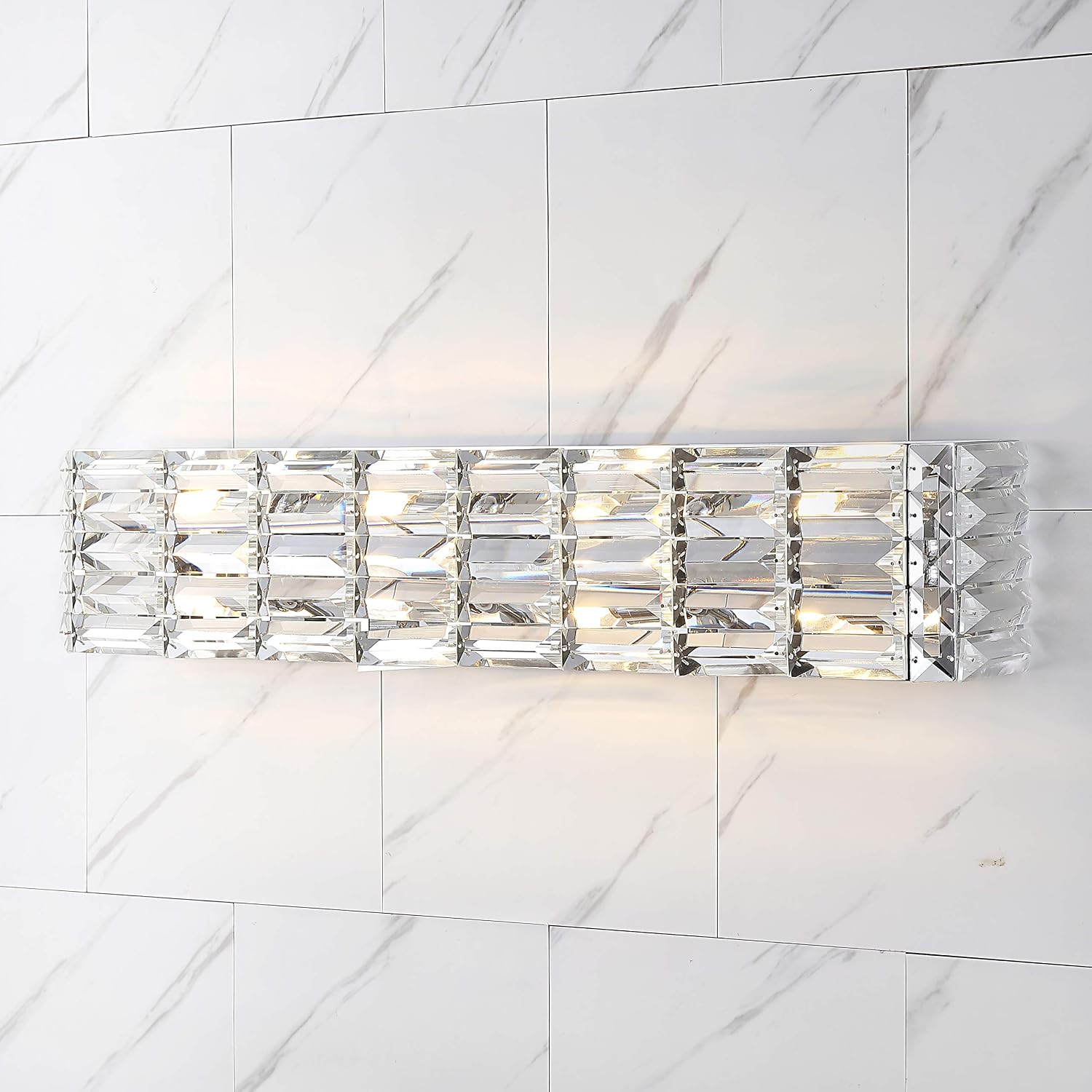 JONATHAN Y 31.75' Chrome Modern Crystal Vanity Light, LED Bathroom Wall Sconce, 4-Light Fixture for Mirror, Glam Lighting with Clear Crystal Shade, Art Deco Makeup Wall Lamp (JYL7541A)