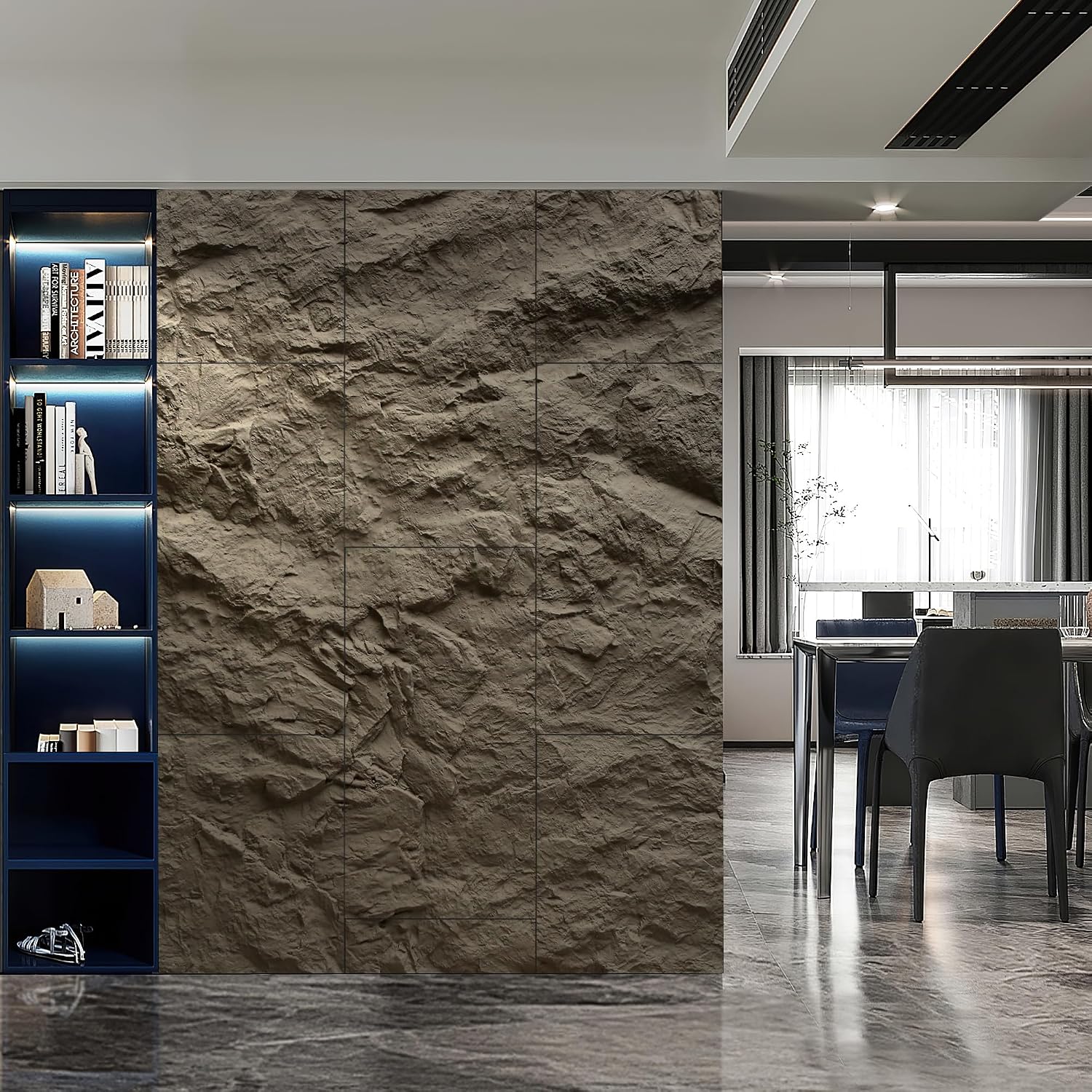 KASARO 3D Faux Stone Wall Panels, 4 PCS PU Wainscoting Panel for Interior Wall Decor, Cement Texture Thicker Accent for Home, Office, 43.3 × 23.6 inch, Grey