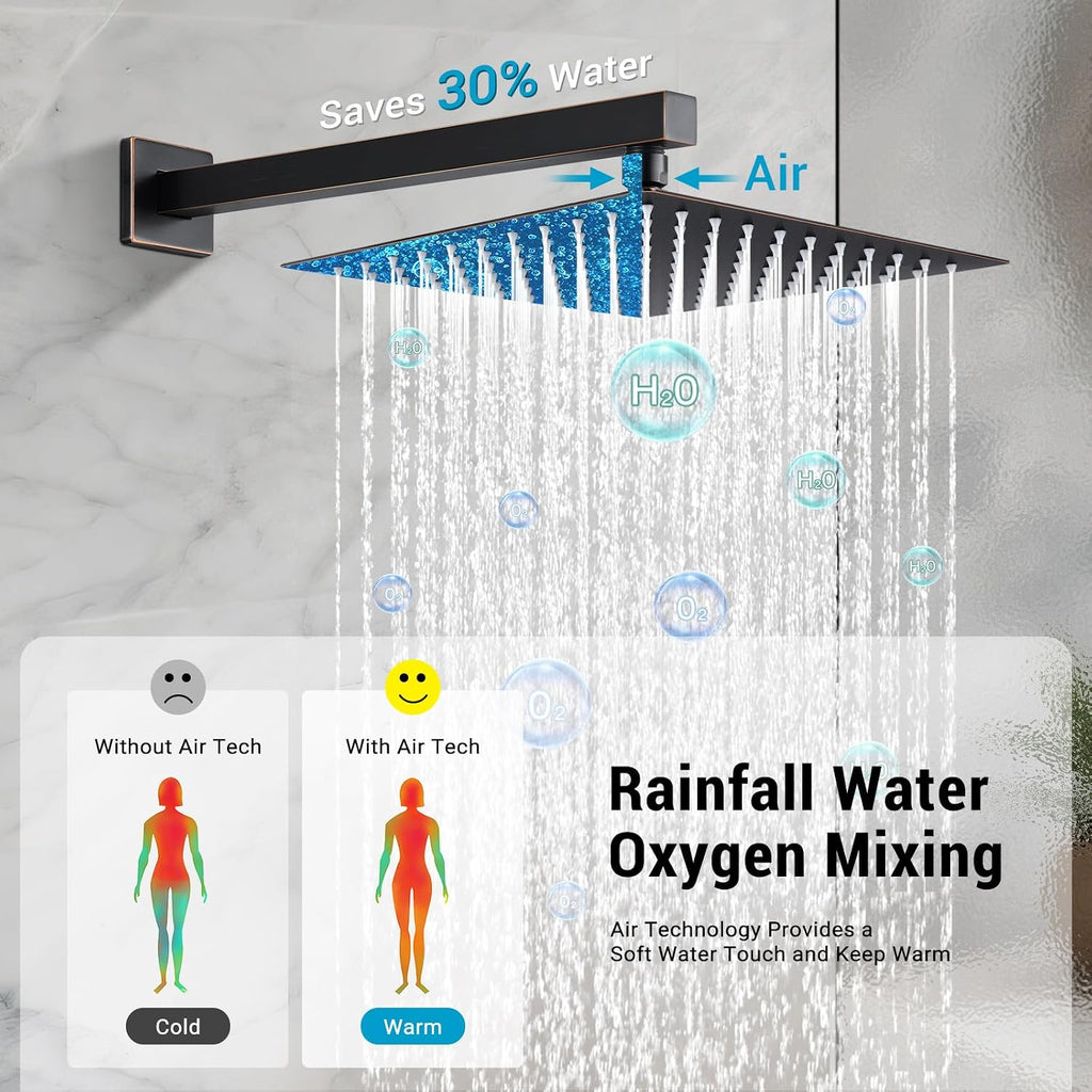 10' Rain Shower Faucet Set with Tub Spout,Oil Rubbed Bronze | Anti-scald cartridge, air tech boosts pressure 50%, 3-func diverter, NPT 1/2