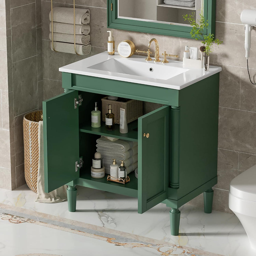 Virubi 30 Inch Small Bathroom Vanity with Sink and 2-Door Cabinet, Modern Bathroom Storage Cabinet with Adjustable Shelf and Soft-Close Door, Solid Wood Frame(Green)