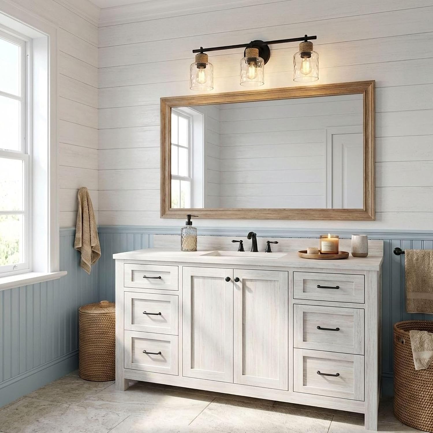 Quoizel Baltic 24' 3-Light Coastal Vanity Light, Matte Black with Clear Water Glass, ETL Damp Rated