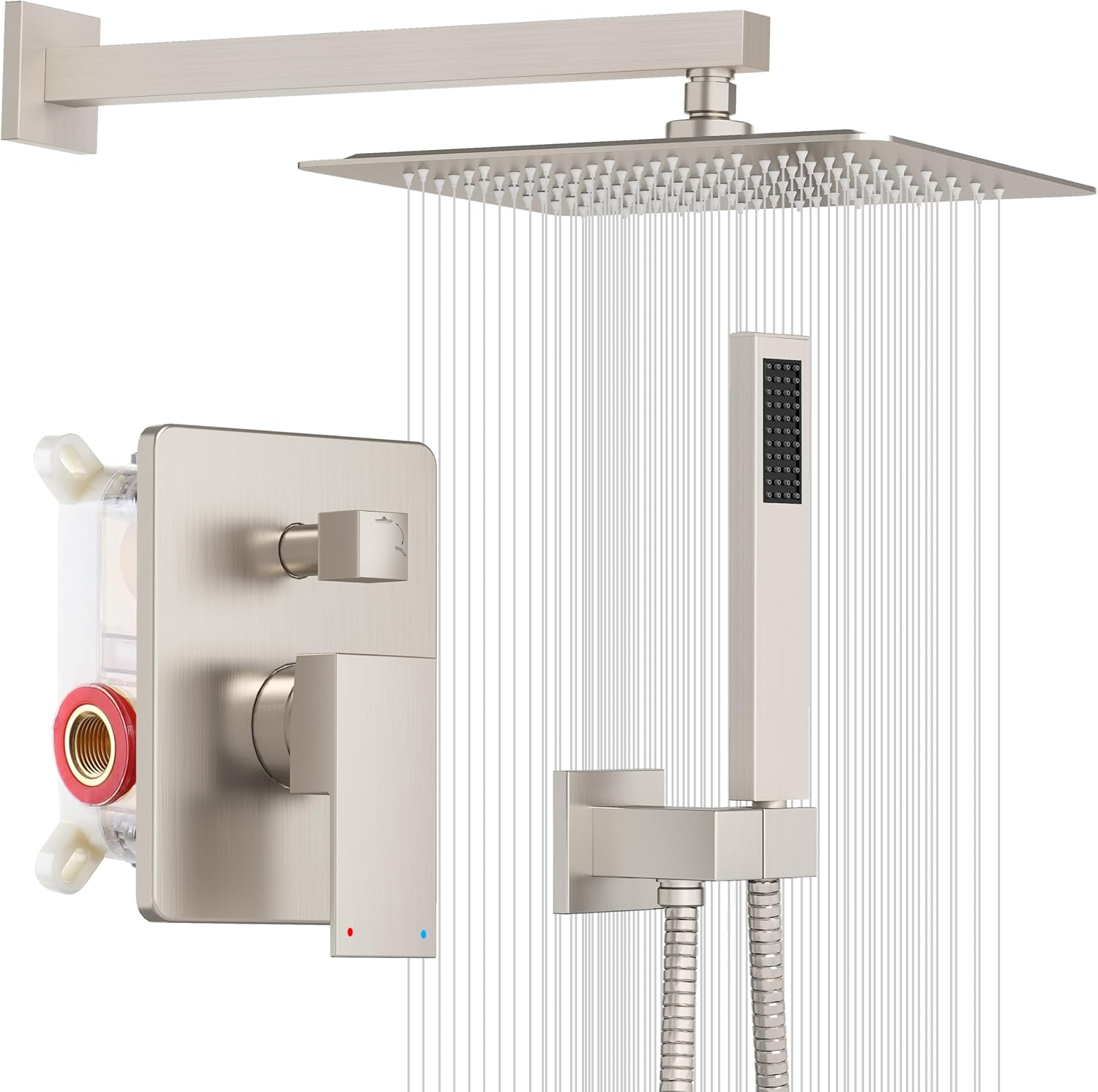 ESNBIA Shower System, 12 Inches Pressure Balance Shower Faucet Set, Rain Shower Heads with Handheld Spray Combo, High Pressure Rainfall Shower Head System, Wall Mounted Shower Fixtures, Brushed Nickel