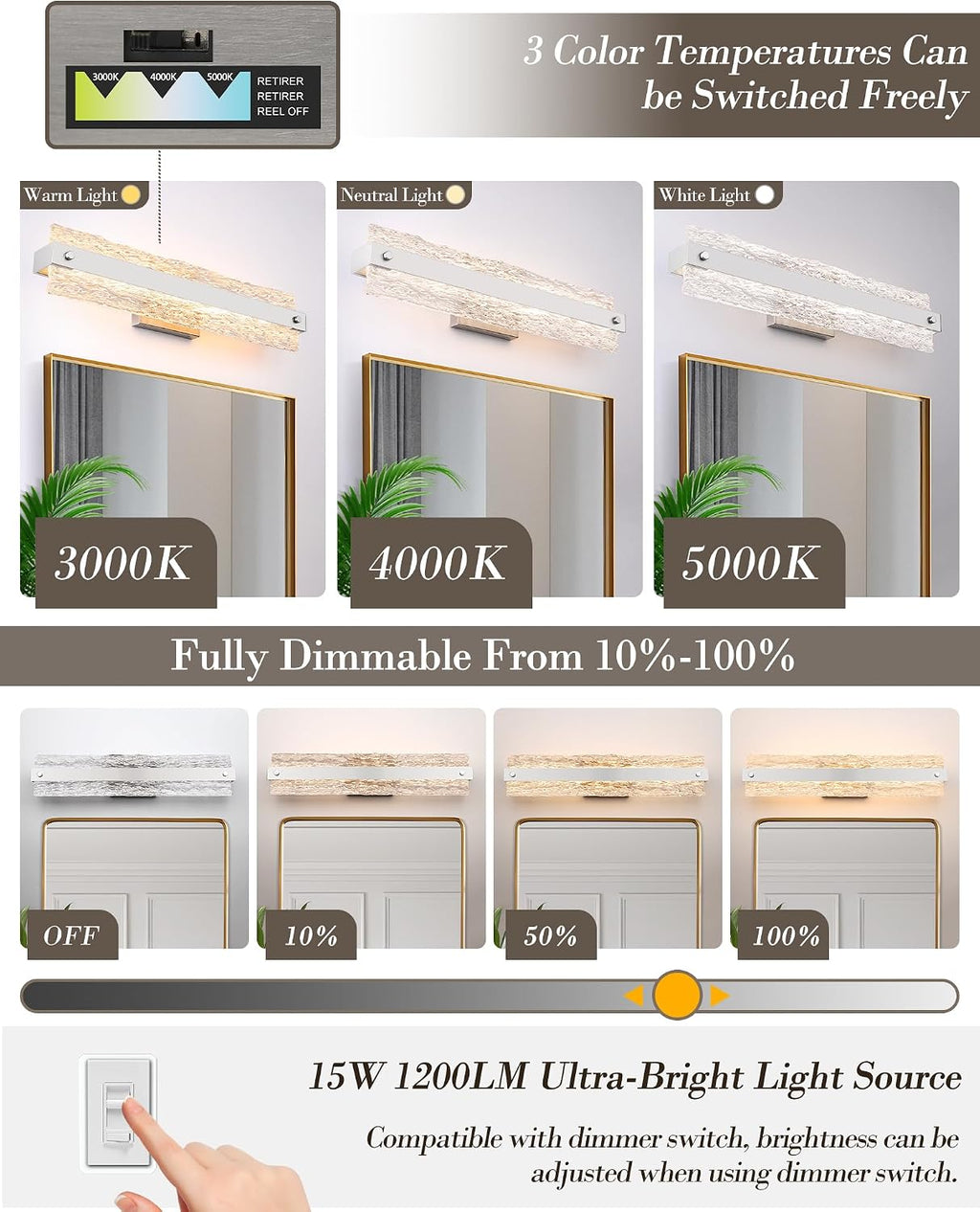 Brushed Nickel LED Bathroom Vanity Light, 24.4 Inch 15W Modern Dimmable Bathroom Light Fixture Over Mirror, Crystal Bar Wall Sconce Lighting for Bath, 3CCT, OS-MM5001-3BN