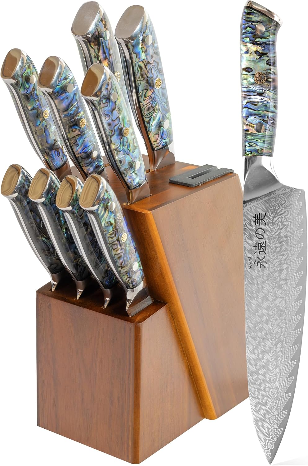 Damascus Kitchen Knife Set | 67-Layer Damascus Steel | Professional Chef Knives Set | Ergonomic Blue Shell Handle | Acacia Wood Magnetic Holder Included (Blue, 9-Piece Set)
