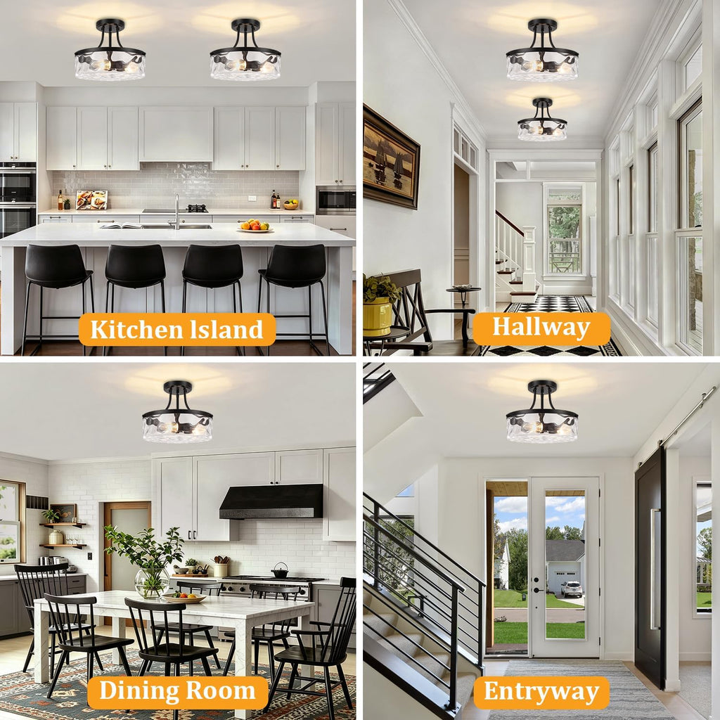 TOULMJ Black Semi Flush Mount Ceiling Light, 11.81' Hammered Glass Light Fixture, 3-Light Modern Hallway Lights Fixture for Kitchen Entryway Bedroom Foyer Laundry Dining Room