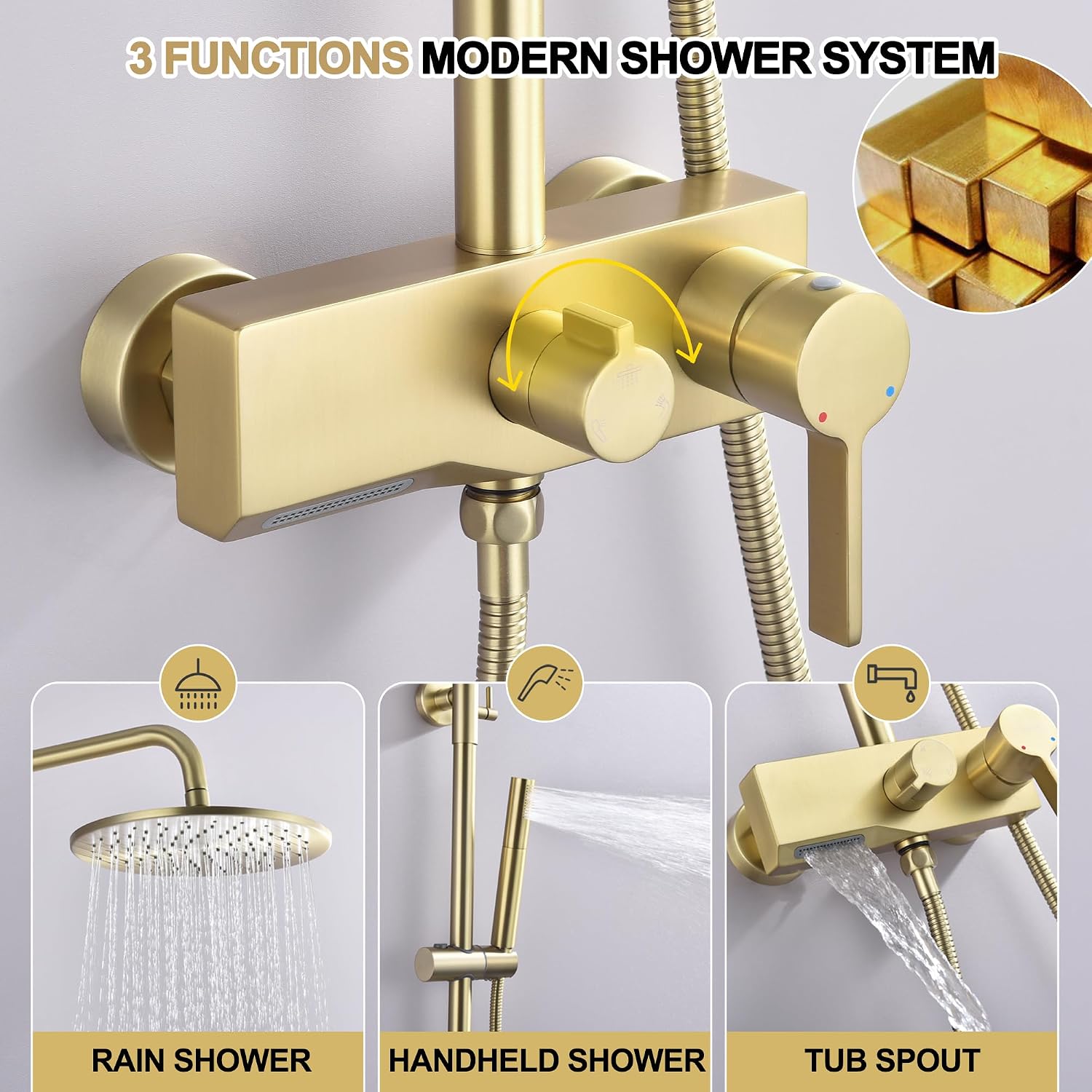 Brushed Gold Exposed Shower System with 2 Modes HandHeld,3 Functions Tub Shower Faucet Sets with Brass Valve, Shower Fixture with 10 Inches Rainfull Shower Head,Shower Height Adjustable