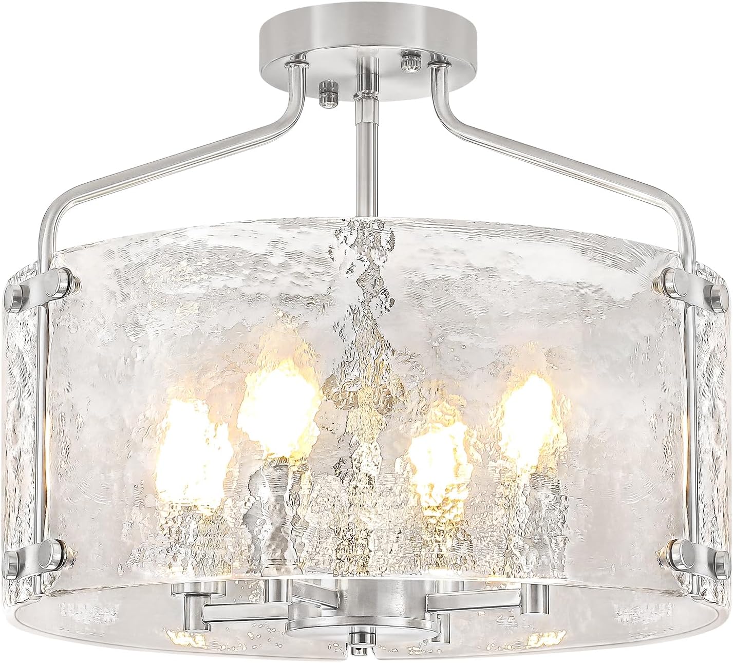 Brushed Nickel Semi Flush Mount Ceiling Lights, 15.3 inch Hammered Glass Entryway Hallway Light Fixtures, 4-Light Modern Drum Chandeliers for Dining Room Bedroom Bathroom Foyer