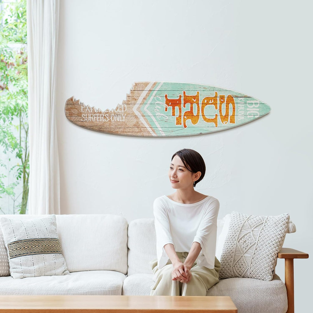 American Art Decor Big Kahuna Surf Club Experienced Surfers Only Shark Bite Surfboard Wall Art Plaque Hawaiian Island Beach Themed Decor Sign for Tiki Bar, Living Room, Garage, Man Cave 60'x15'
