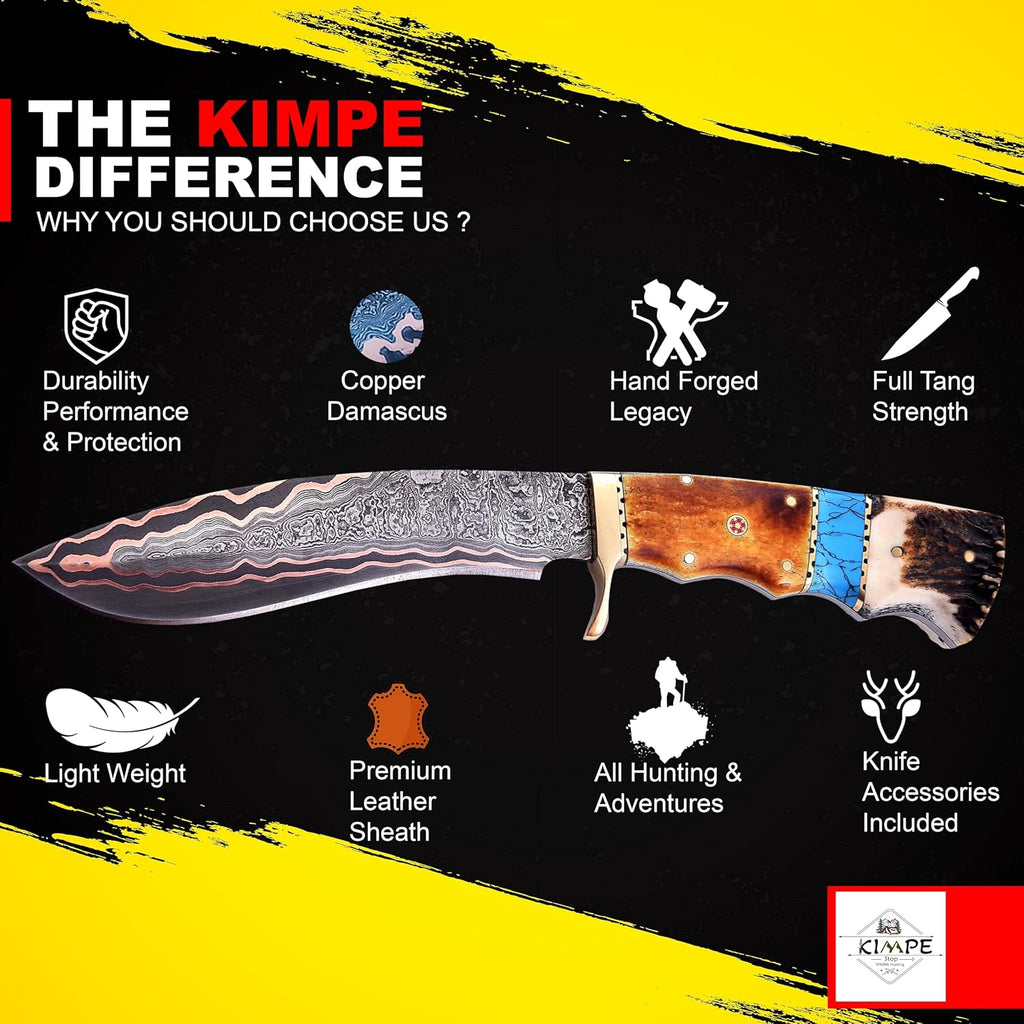 KIMPE Fixed Blade hunting knife. (Copper Damascus & Crown Stag)