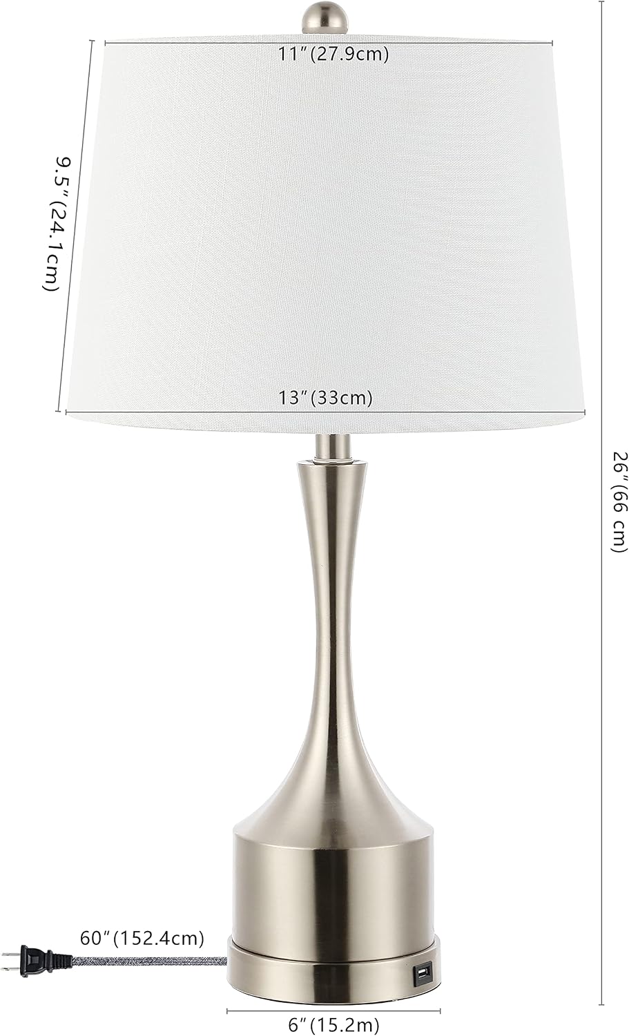 JONATHAN Y 26' Nickel Table Lamp Set of 2 with USB Charging Port, French Country Bedside Lamps for Living Room Bedroom Decor, White Linen Shade, LED Bulbs Included (JYL4045B-SET2)