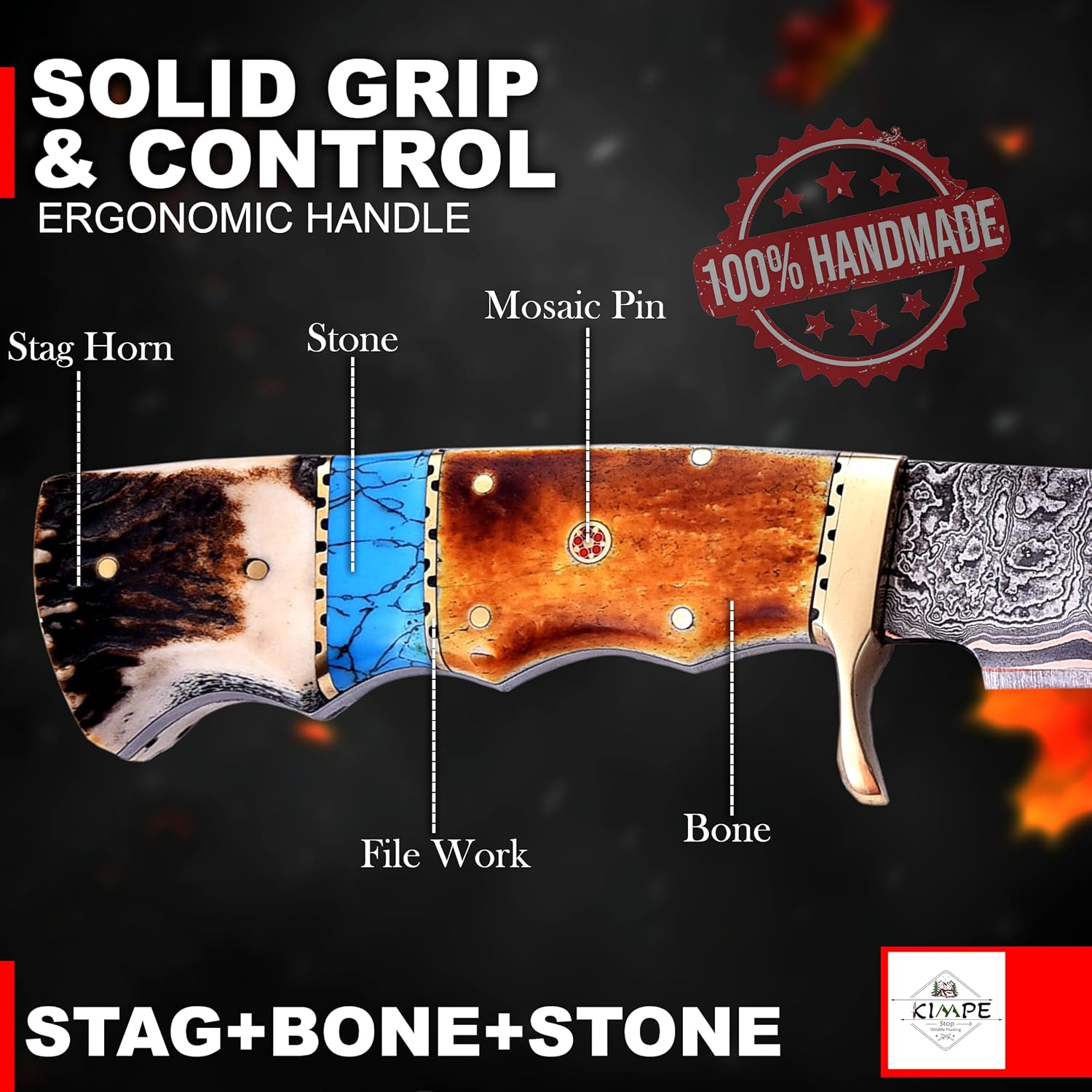 KIMPE Fixed Blade hunting knife. (Copper Damascus & Crown Stag)