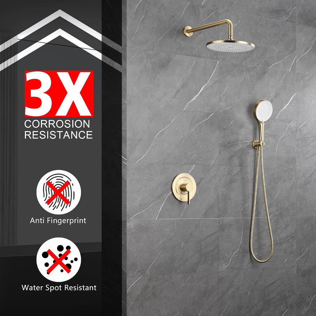 sumerain Rain Shower System with 10 inch Rainfall Shower Head,Brushed Gold Shower Faucet Complete Set with Rough-in Valve and Trim Kit