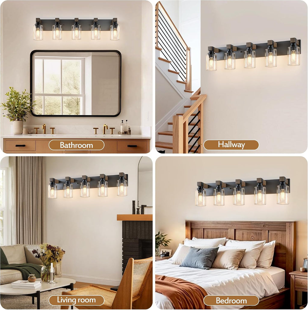 Farmhouse Bathroom Vanity Light Fixtures, Rustic 5-Light Wood Vanity Lights for Bathroom, Vintage Black Wall Sconces Lighting, Light fixtures Over Mirror, with Glass Shade