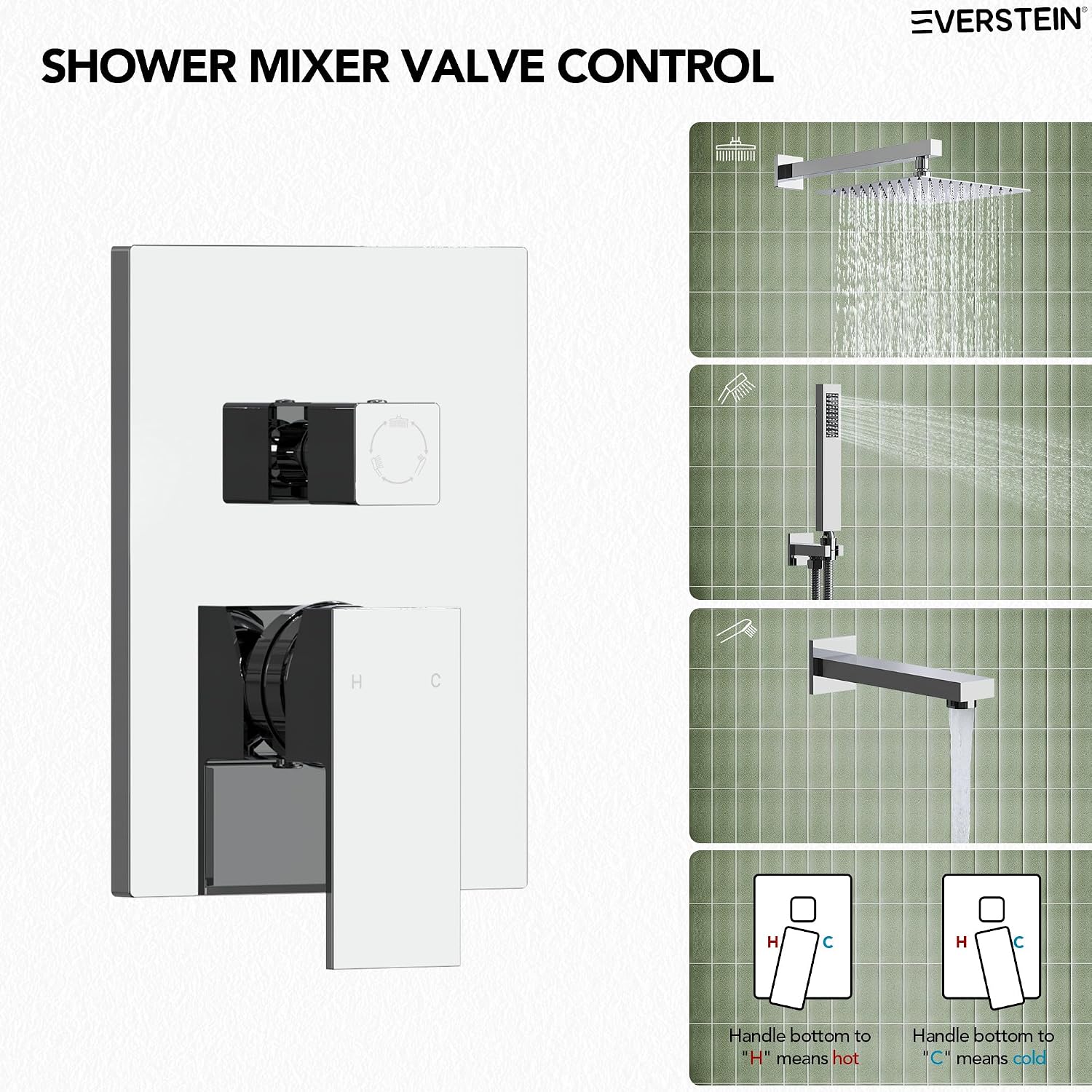 Shower Tub Faucet Set, 10' Bathroom Rainfall Shower Head Fixtures Combo with Handheld Spray and Tub Spout, Chrome (Valve Included)