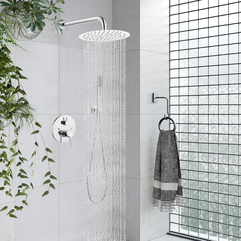 gotonovo Shower System 10 Inch Round Rainfall Showerhead Wall Mounted High Pressure Shower Faucet Set Fixture Combo with Rough in Valve and Cylindrical Handheld Spray, Polish Chrome
