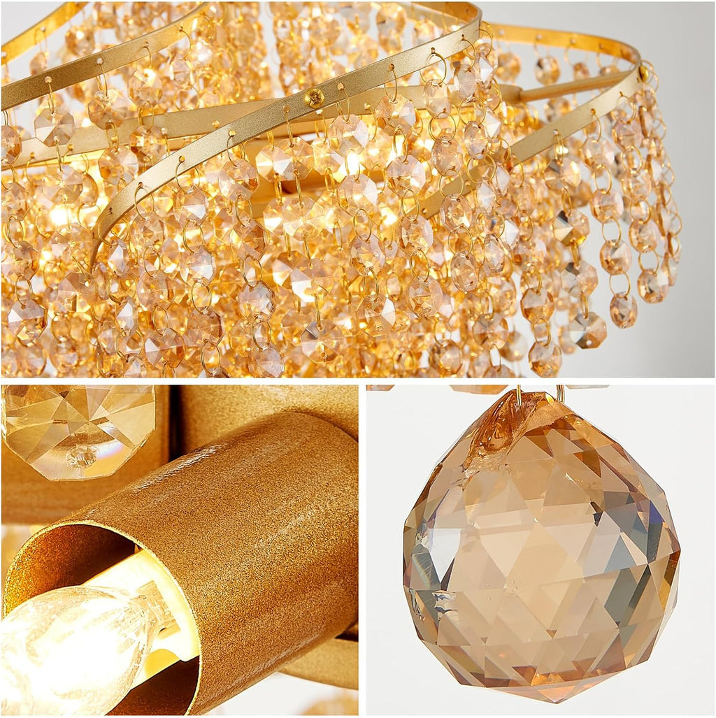 WUZUPS Golden-Hued Crystal Chandelier Pendant Flushmount Ceiling Light Modern Lighting Fixture for Bedroom Hallway Bar Kitchen Bathroom, H 20.1' x W 14.7', Gold, G9 Base