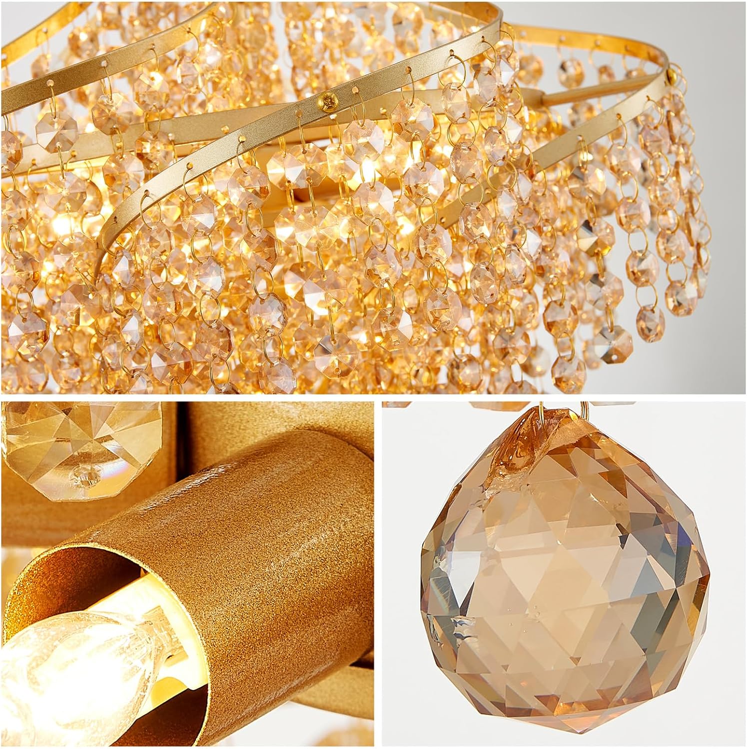 WUZUPS Golden-Hued Crystal Chandelier Pendant Flushmount Ceiling Light Modern Lighting Fixture for Bedroom Hallway Bar Kitchen Bathroom, H 20.1' x W 14.7', Gold, G9 Base