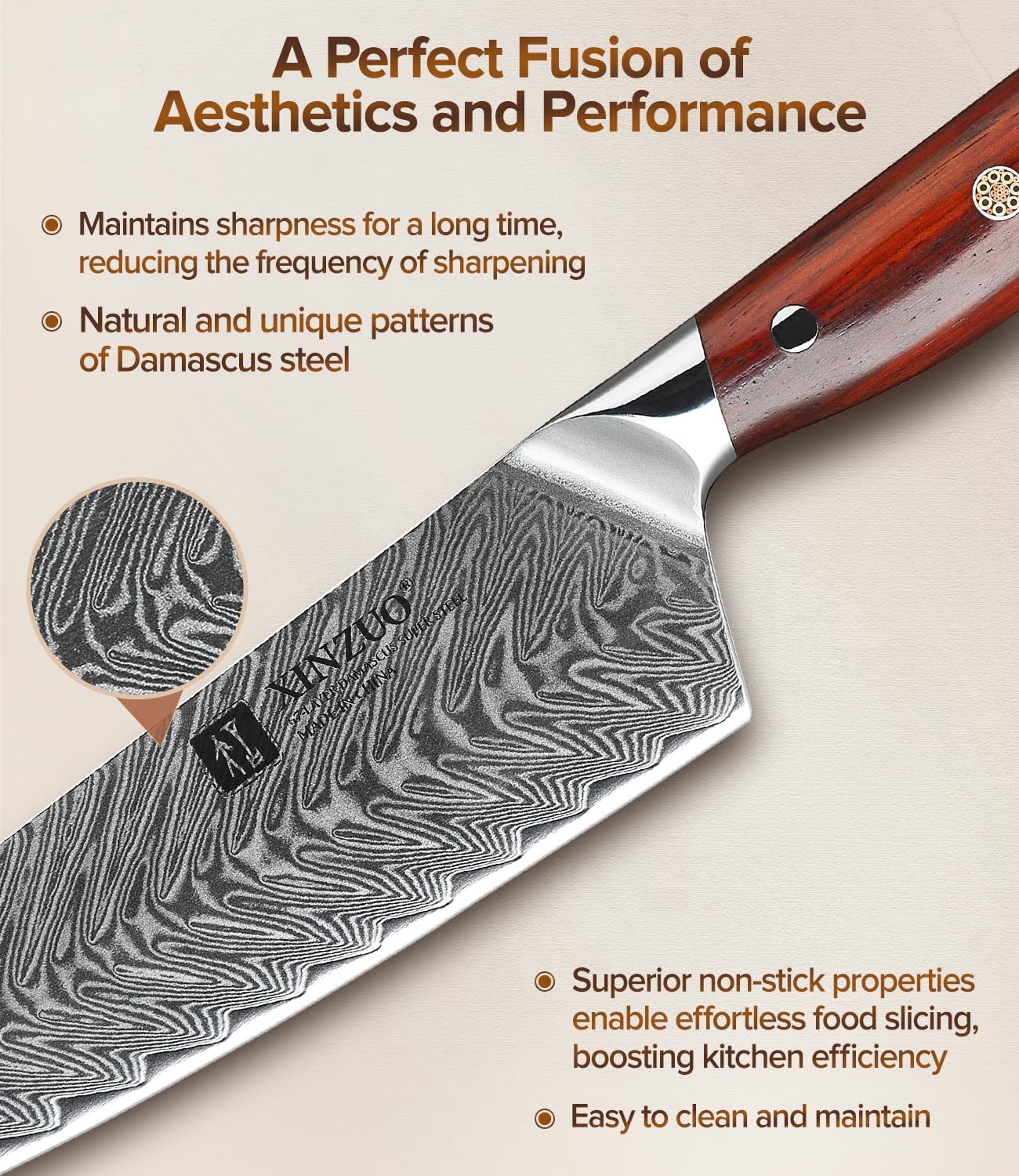 XINZUO 5 Pcs Knife Set, Professional Super Damscus Steel Kitchen Knife Set, Ultra Sharp Blade, Natural Rose Handle, Chef Gift Box-Yi Series
