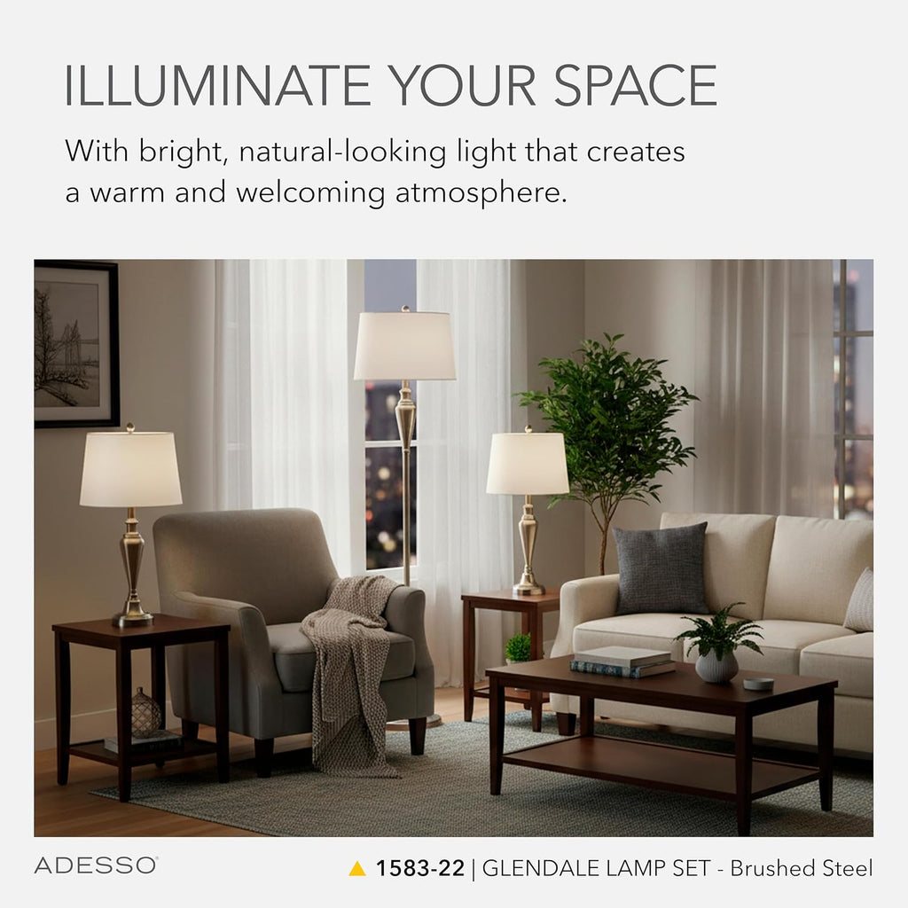 Adesso 3-Piece Lamp Set: Two Table Lamps & One Floor Lamp – Antique Brass with White Shade, Stylish and Cohesive Accent Lighting for Bedroom, Living Room, or Home Office