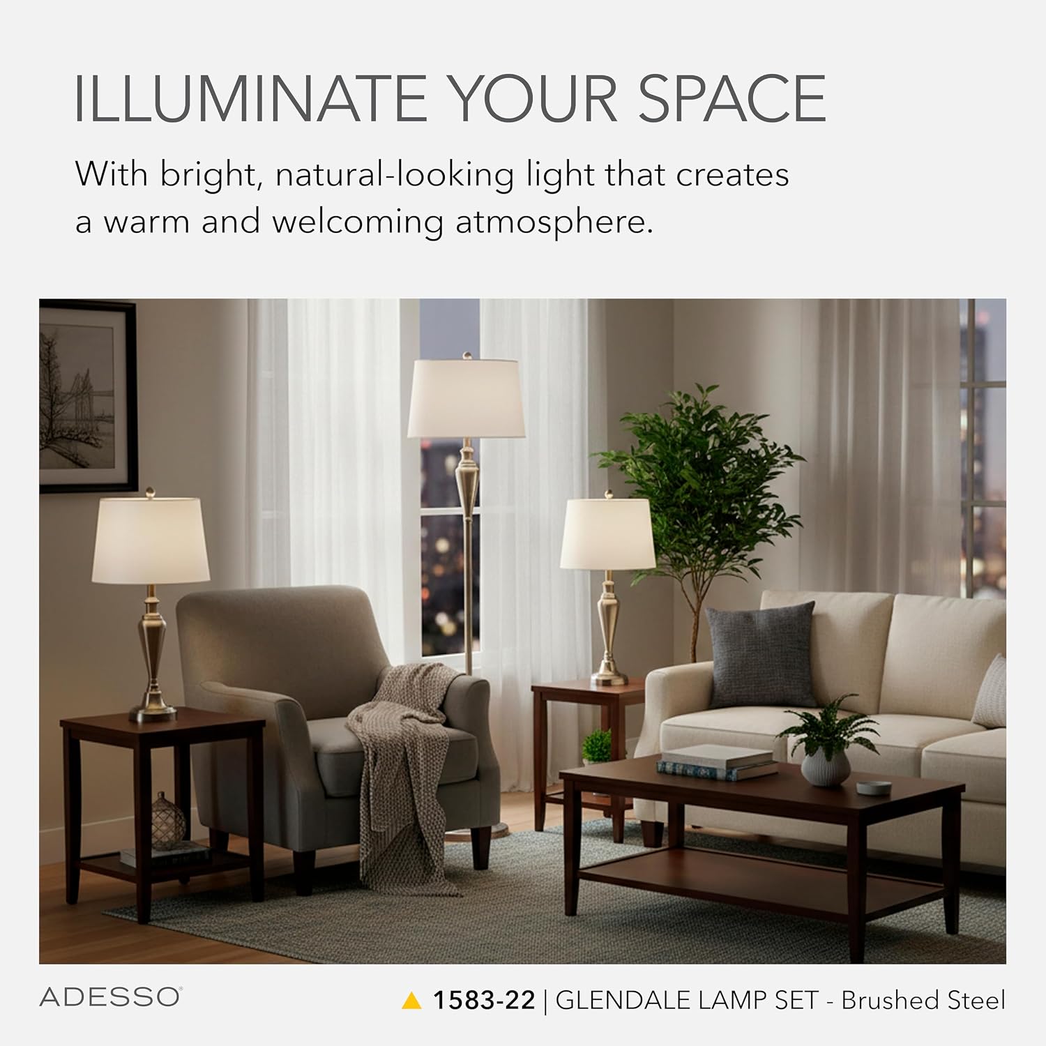 Adesso 3-Piece Lamp Set: Two Table Lamps & One Floor Lamp – Antique Brass with White Shade, Stylish and Cohesive Accent Lighting for Bedroom, Living Room, or Home Office