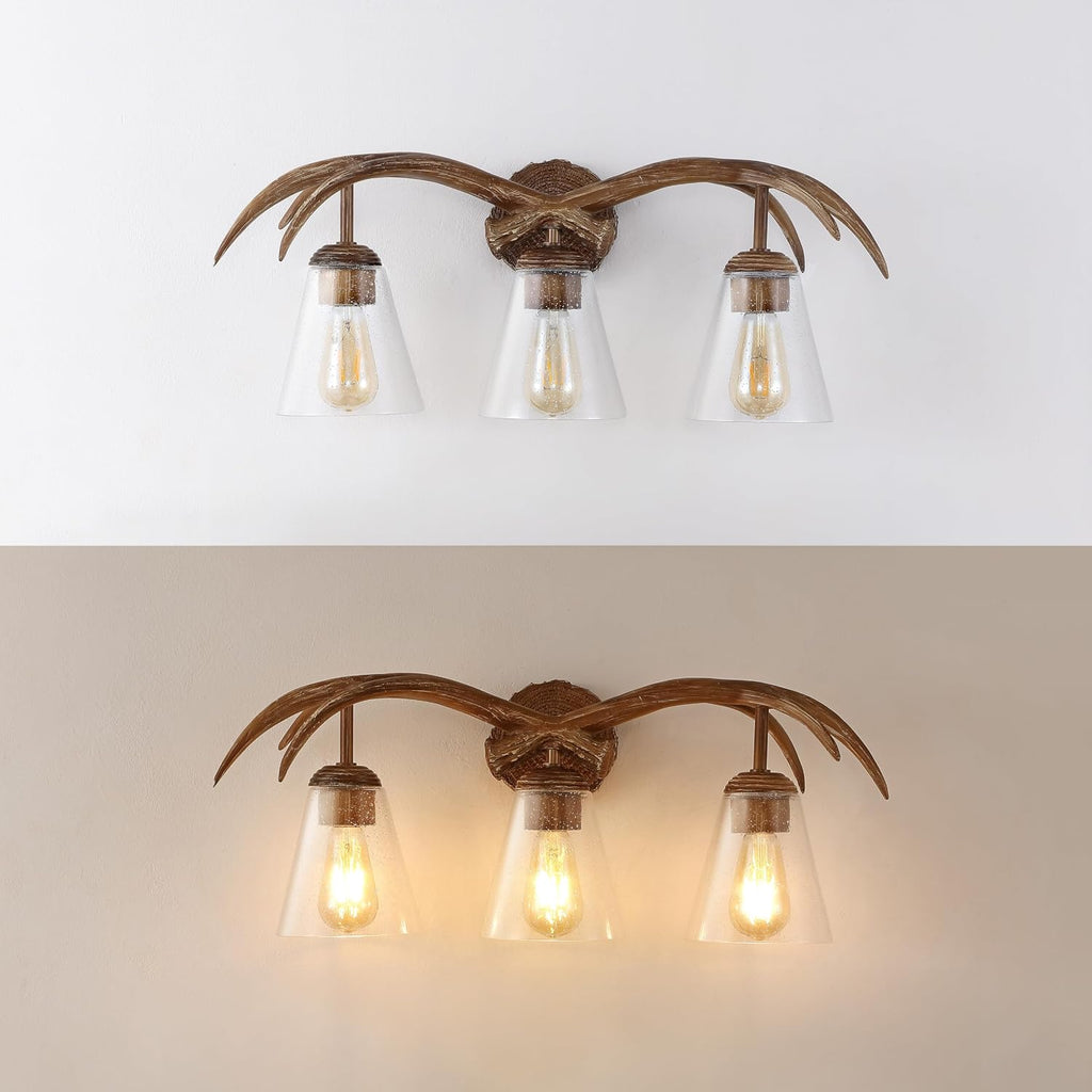 JONATHAN Y 25.5' Brown Wood Finish 3-Light Resin Faux Antler LED Vanity Light, Southwestern Bohemian Wall Sconce with Seeded Glass Shades, UL Listed, LED Bulbs Included JYL6309A