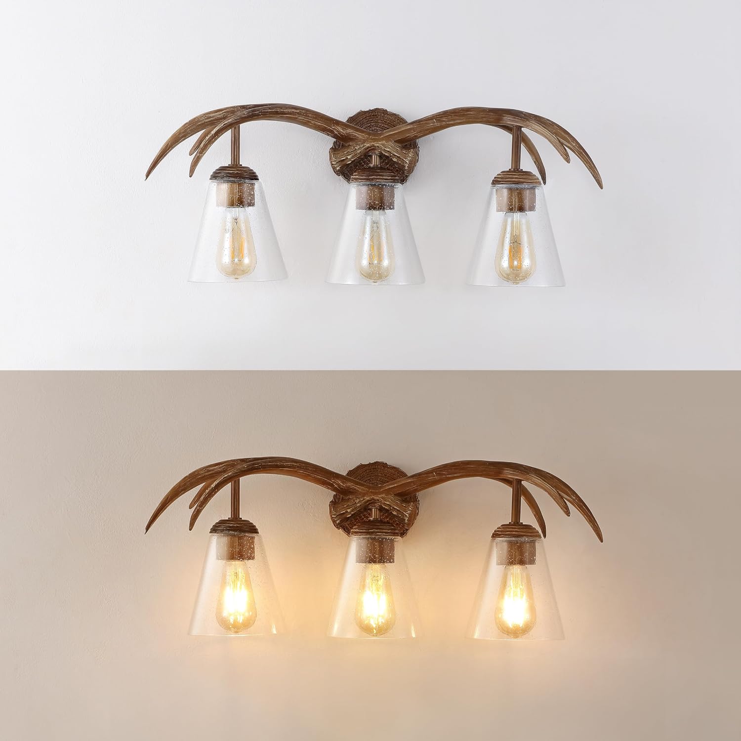 JONATHAN Y 25.5' Brown Wood Finish 3-Light Resin Faux Antler LED Vanity Light, Southwestern Bohemian Wall Sconce with Seeded Glass Shades, UL Listed, LED Bulbs Included JYL6309A