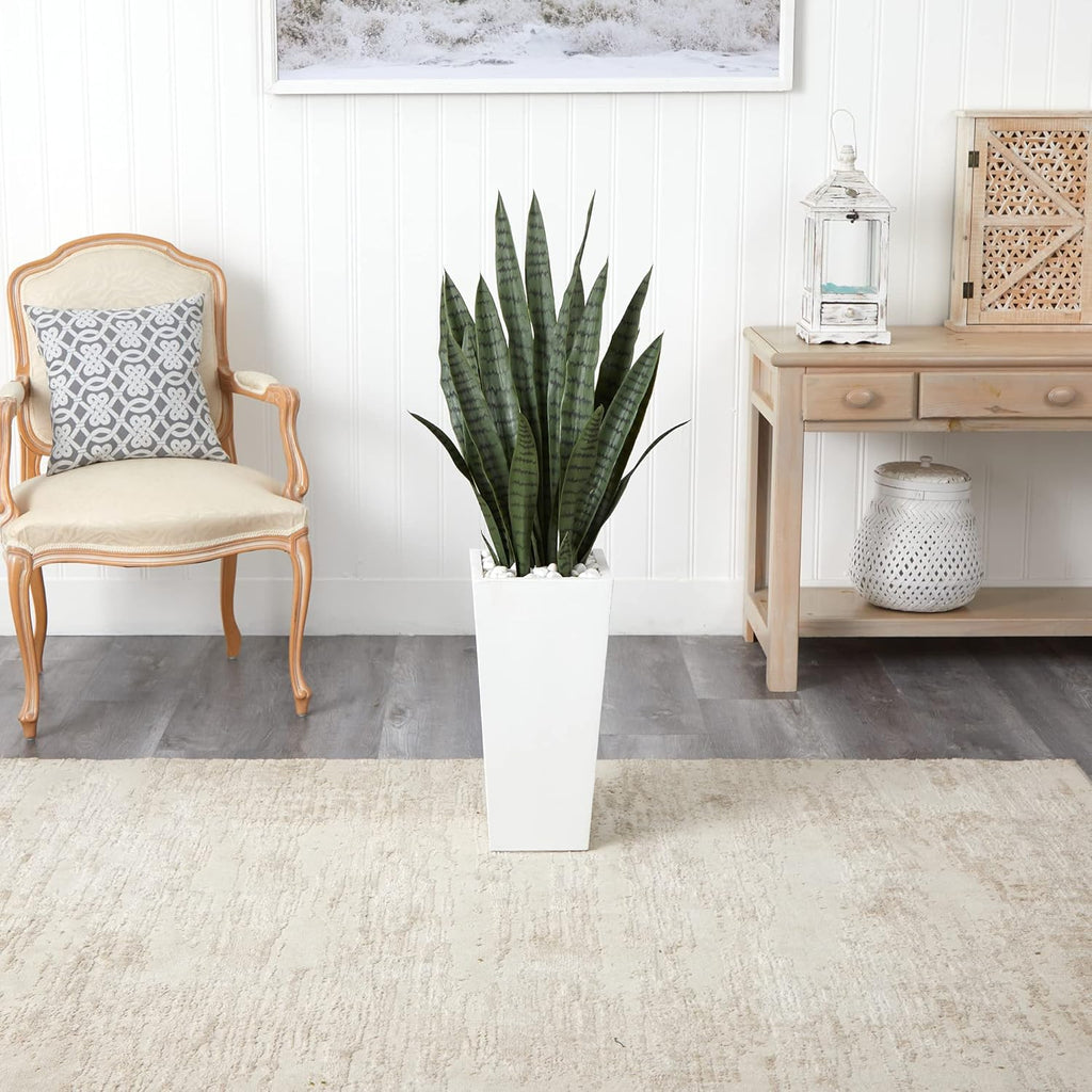 Nearly Natural 4' Sansevieria Artificial White Tower Planter Silk Plants Green