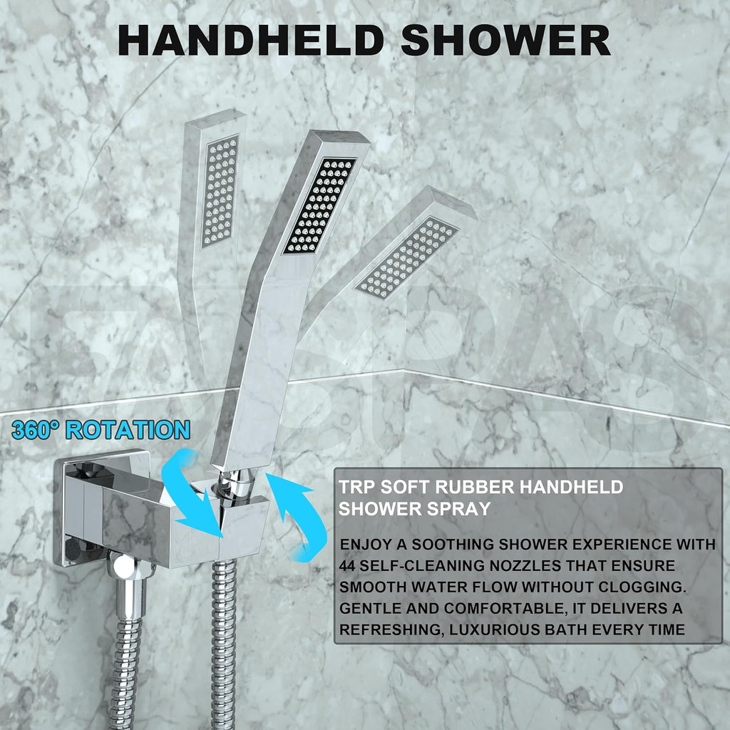 Polished Chrome Shower System with 12-Inch Rain Showerhead and Tub Spout | cUPC-certified pressure balance brass valve to prevent scalding, CEC-certified air injection technology for low pressure