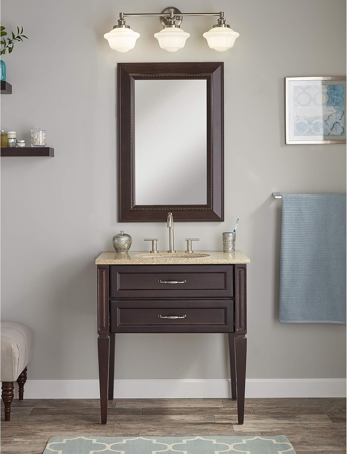 Linea di Liara Lavagna Farmhouse Brushed Nickel Bathroom Light Fixtures Over Mirror 3-Light Bathroom Vanity Light Fixture Milk Glass Shades Modern Vanity Lights, UL Listed