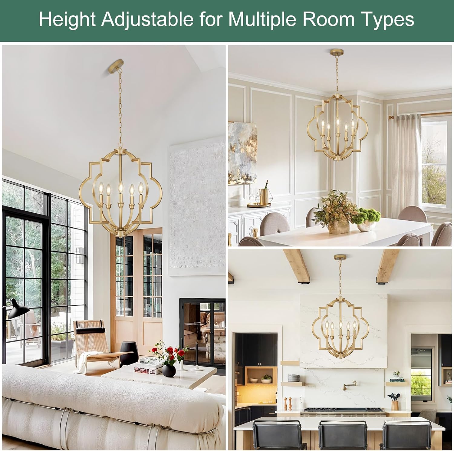 5-Light Gold Farmhouse Pendant Hanging Light Fixtures, 22' Rustic Globe Chandelier for Kitchen Island, Dining Room, Living Room, Hallway, Entryway